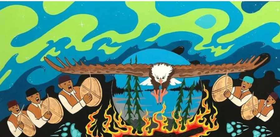 Indigenous artwork by Michael Fatt showing drummers around a fire with an eagle soaring under the northern lights, created for the NWT Disabilities Council