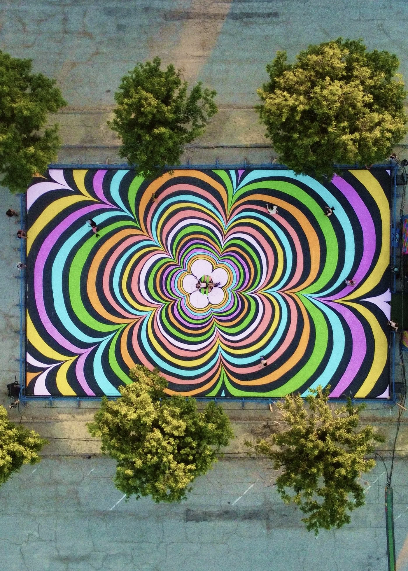 flower, flowers, lightning in a bottle, psychedelic mural, mural, california, large scale painting, colorful mural, roller rink