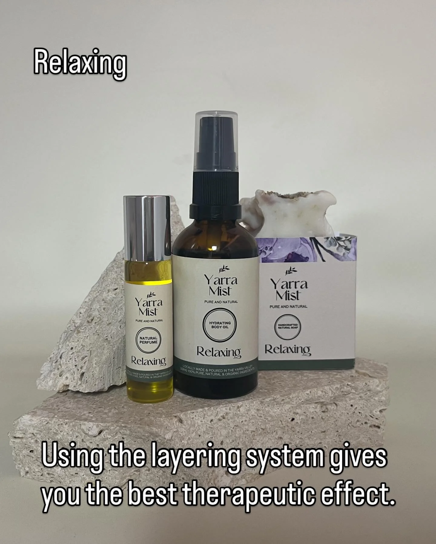 Have you heard of the Yarra Mist Layering System? Our products support good mental health, emotional wellbeing, and smell amazing. When you layer the scents, the therapeutic effect goes even deeper. Our relaxing scent is perfect for going to sleep,  