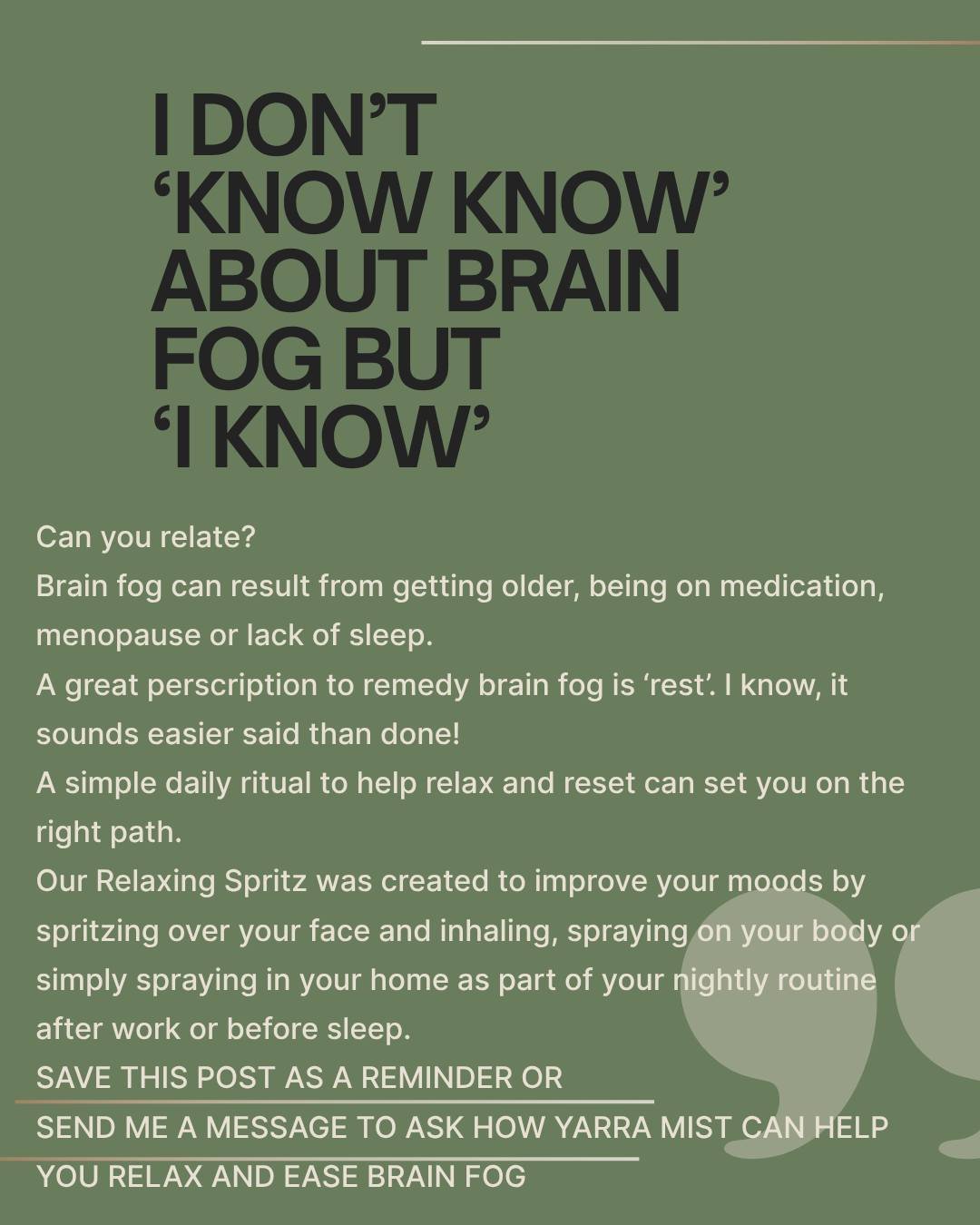 Brain fog? Reset. Breathe. Refresh. 🌿✨
Yarra Mist does the rest.
#brainfogdays #QuickReset #aromatherapy #SelfCareTools #yarramist