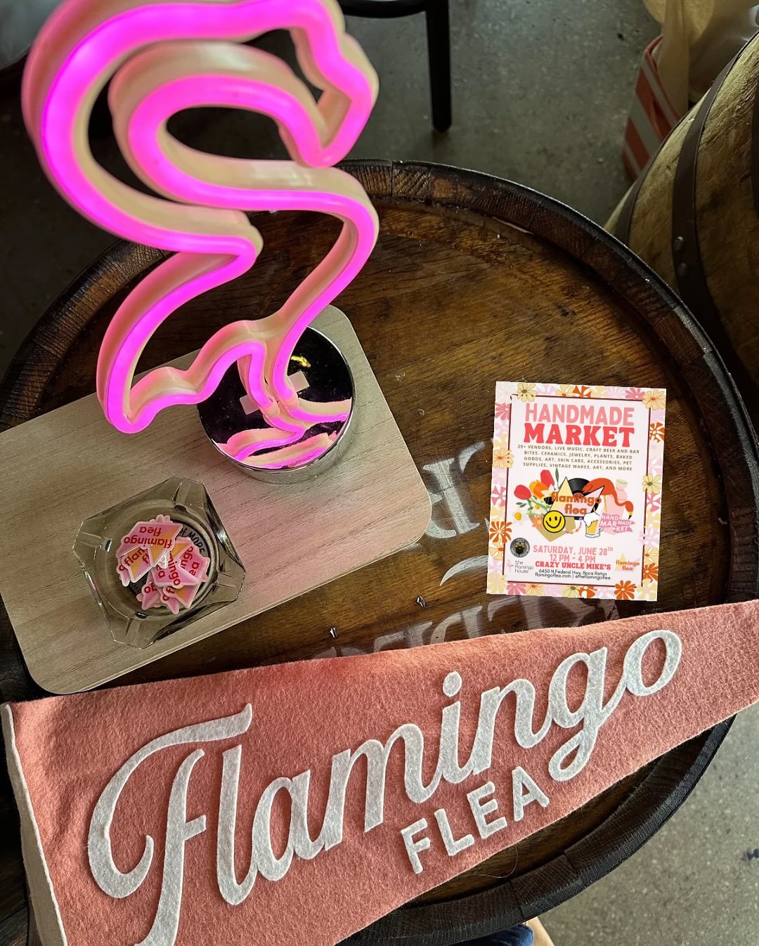 Gearing up for a full flamingo day at @crazyunclemikes tomorrow. Drop us a comment if we will see you there! 

Are you new here? Swipe for Saturday, June 28th flamingo flea details. We will have 30 vendors inside and outside, lots of great bites and 