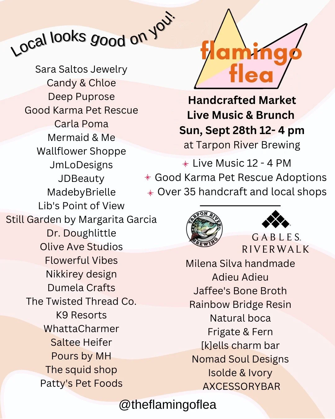 Vendor line up for our Sunday September 28th Flamingo Flea at Tarpon River Brewing! We are dreaming of a cold beer in hand, picking up some fresh macarons, checking out some thrifted clothes, getting a new fall candle for the house, and stocking up o