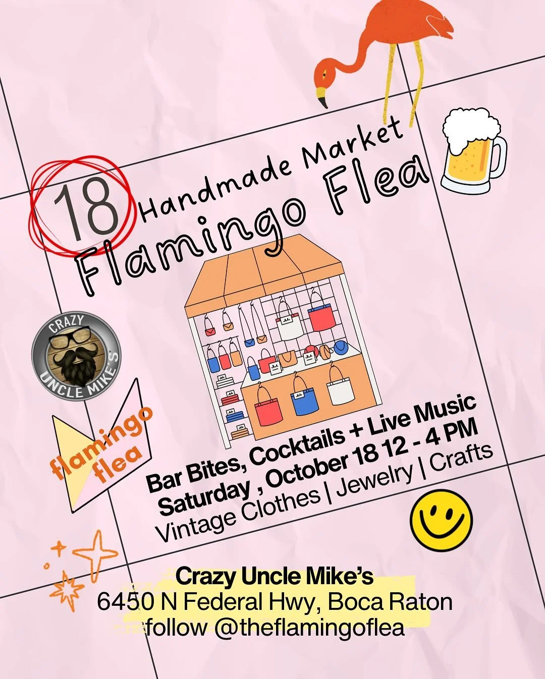Next weekend can&rsquo;t come soon enough!
Share The Flamingo Flea with your weekend bestie, and we will see you there!
Saturday, October 18th 12 - 4 PM
at Crazy Uncle Mikes
6450 N Federal Hwy Boca Raton

30 Handcrafted and curated vendors inside and