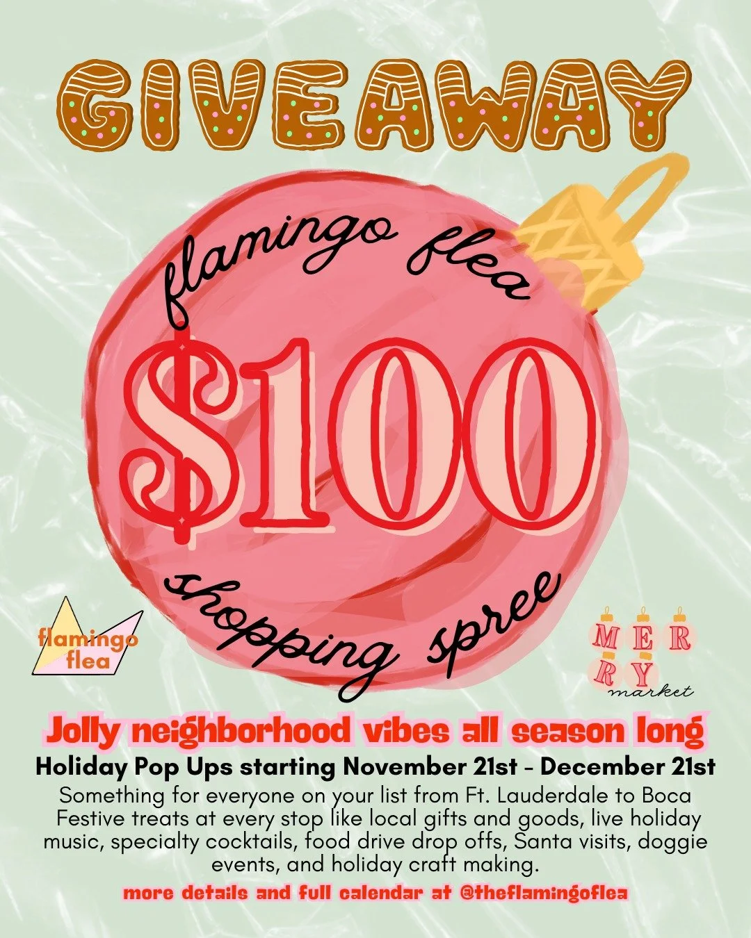 Giveaway time! 🌲💯 Our $100 for Merry Market Giveaway to kick off the holiday season starts NOW! We want to give one lucky winner a $100 flea shopping spree to any of our upcoming Merry Markets. 

Spoil yourself or pick up some gifts for under the t