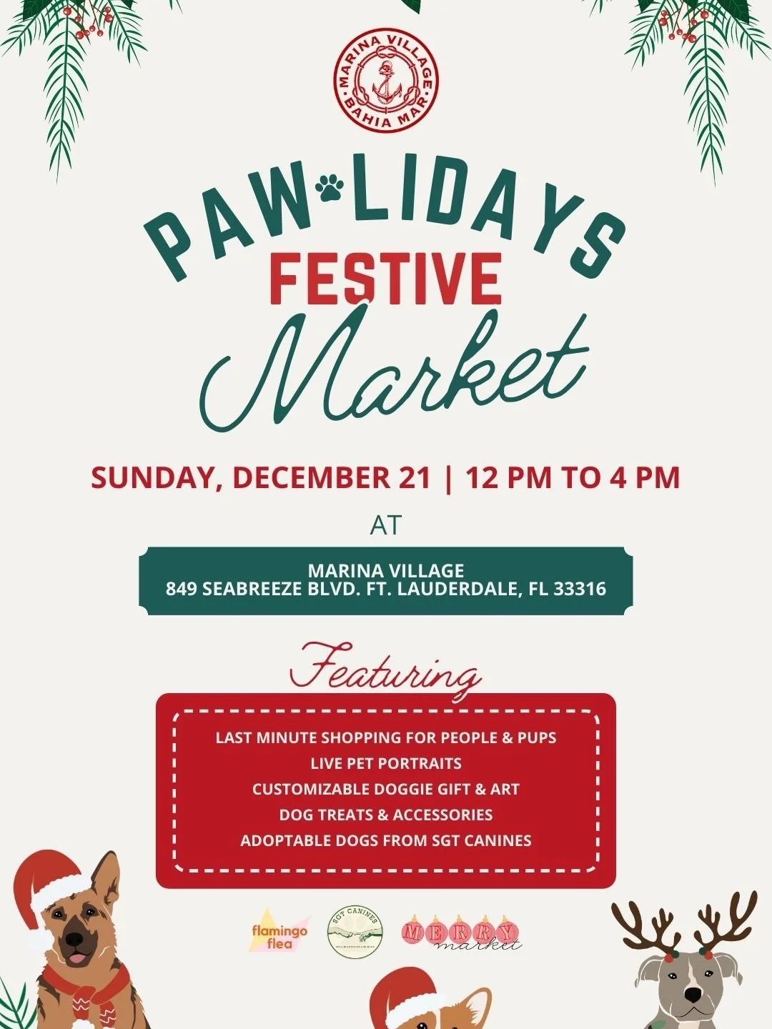 Four legged friends are always on the nice list so we made a holiday market just for them! Shop gifts for pups and humans at this weekend&rsquo;s Marina Village Flamingo Flea 

Sunday, December 22nd 12- 4 pm 
Pawlidays Market and Flamingo Flea 
Your 