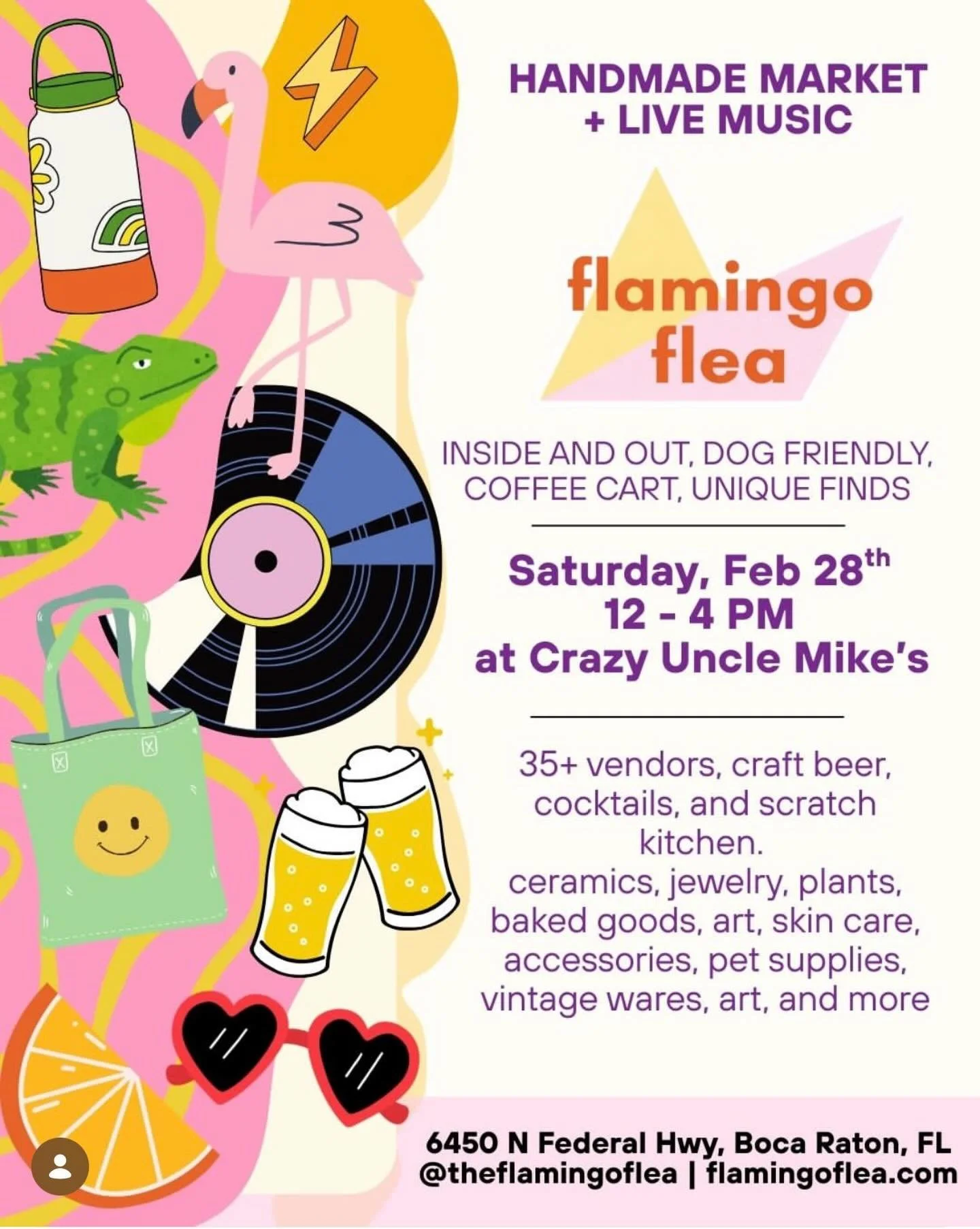 Just days away until The Flamingo Flea takes over @crazyunclemikes with nearly 30 handcrafted vendors, live music by @christopherluvmusic, coffee cart by @thepinktiki and amazing lunch and drinks seating inside and out. 

Flamingo Flea 
Handmade mark