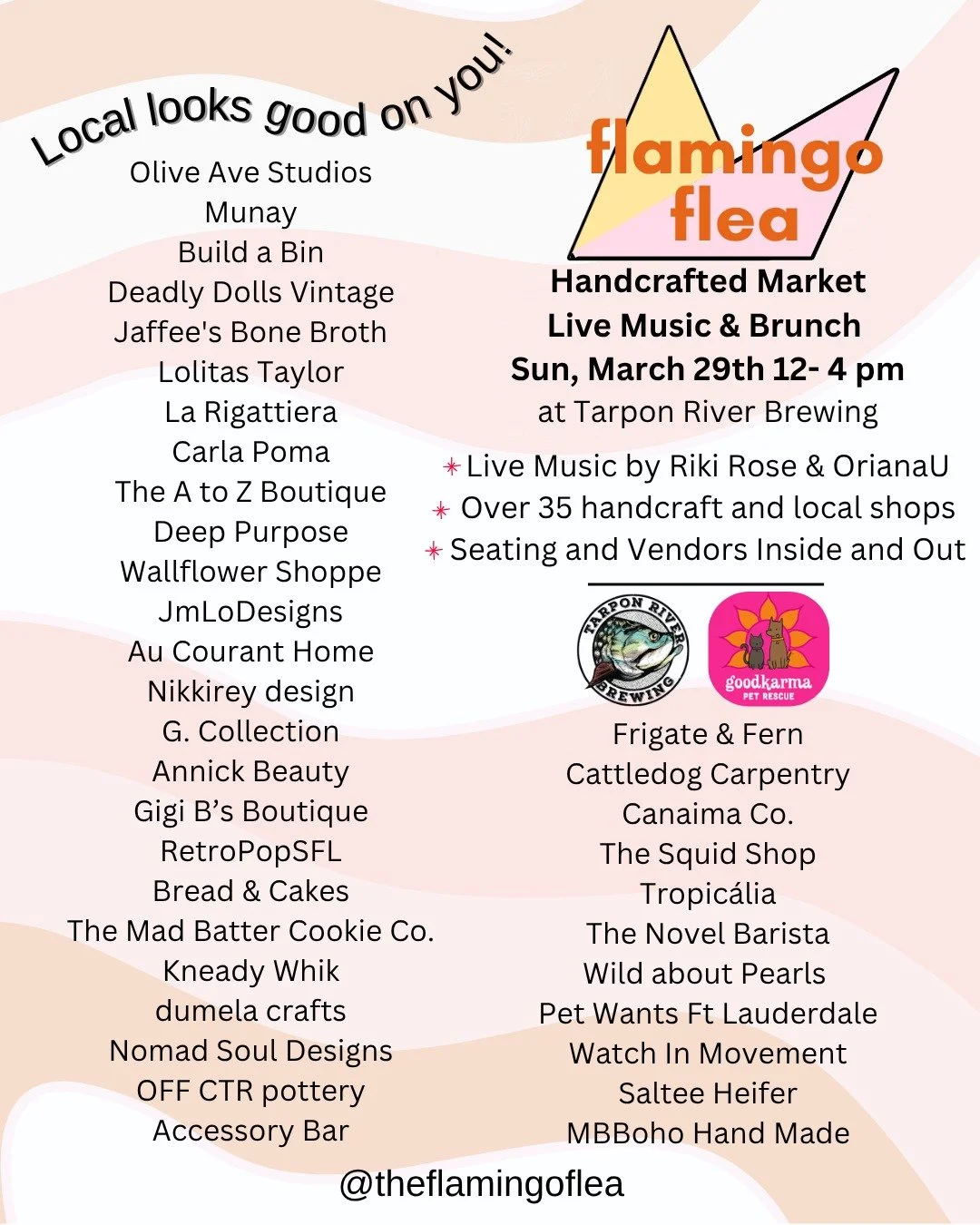 Swipe for just of few vendors we can't wait to out this Sunday at Tarpon River Brewing for The Flamingo Flea

Full of vintage finds, handmade jewelry, crafts, baked goods, homewares, thrfits and boutique clothing, dog treats and chews and more. Over 