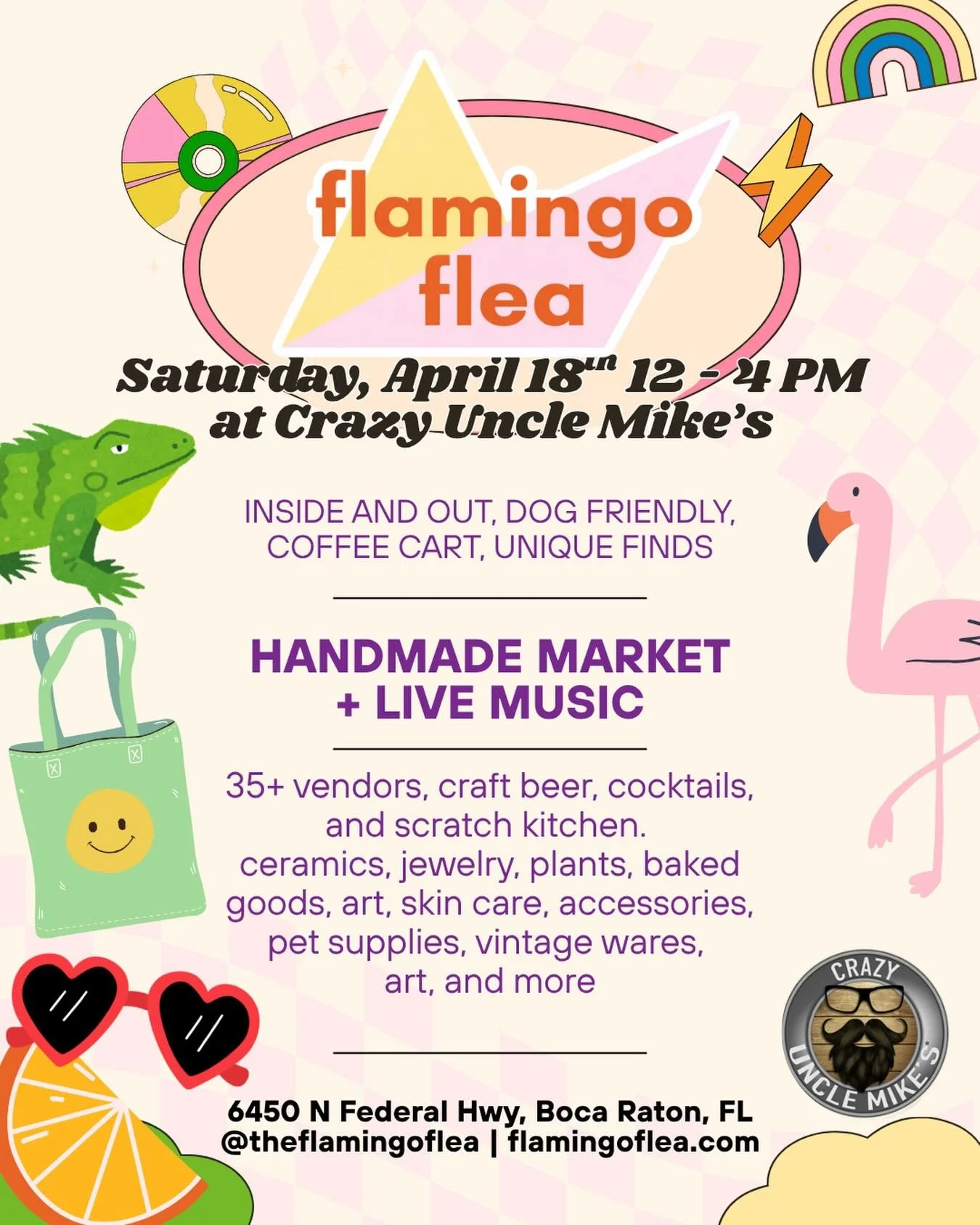 One of our favorite places to be! How about you? Flamingo Flea at Crazy Uncle Mike&rsquo;s Saturday, April 18th 12-4 pm ✌️🦩