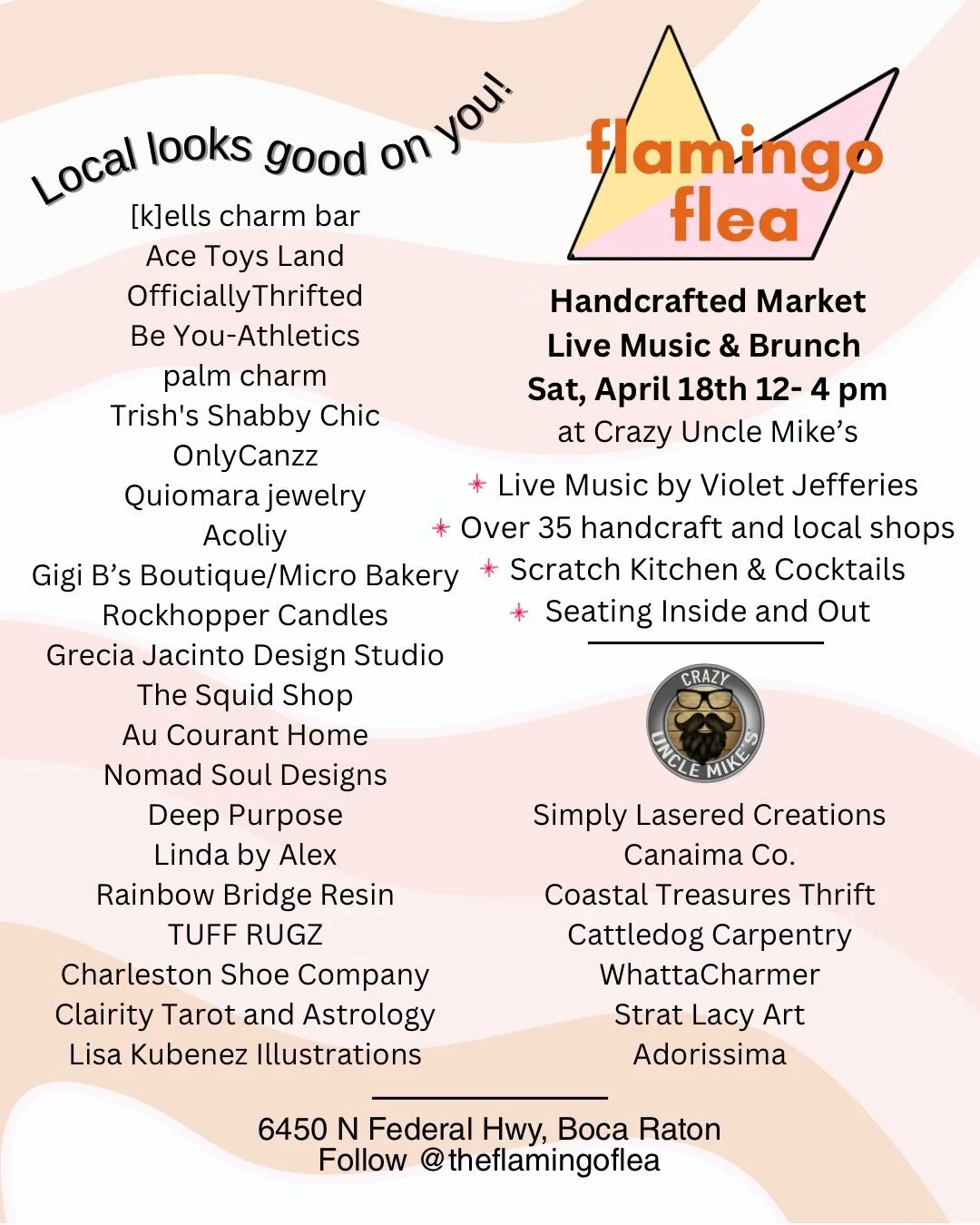 A little of this, a little of that - a lot of vendors to shop. Swing by Crazy Uncle Mike&rsquo;s at Saturday, April 18th 12-4 to shop, drink, eat and hang. 

Swipe through go see a peek of our vendors and full details on the flyer.