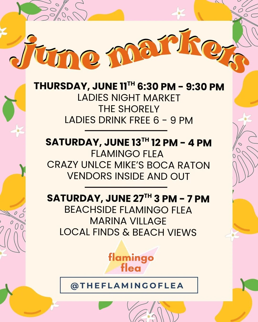Hello June! We told you it would be a local girl summer ☀️👯&zwj;♀️🫶 

Swipe for this months Flamingo Flea pop ups and weekend markets in Fort Lauderdale and Boca Raton. 

See ya there!