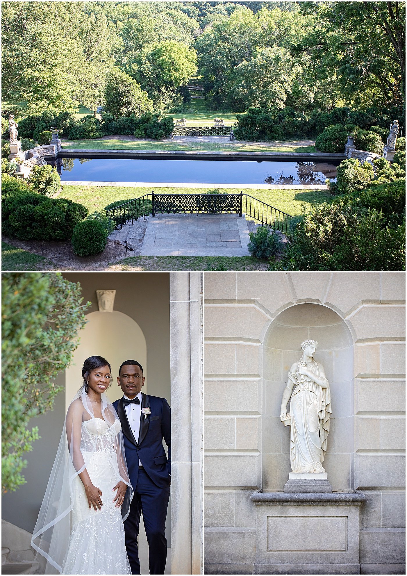 A view of the Reflecting Pool Venue and bride and groom portrait at Cheekwood Estate and Gardens wedding 