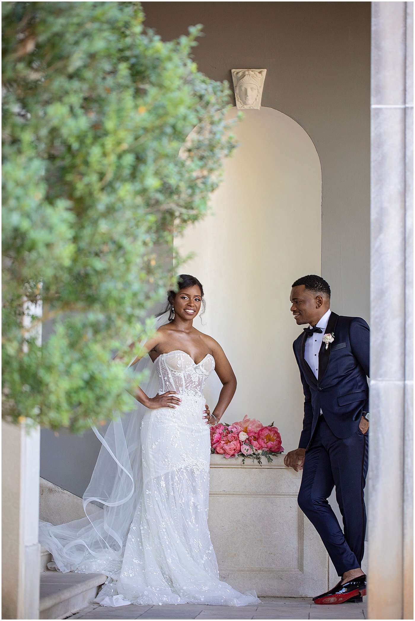 Stylish couple wearing Galia Lahav gown and Christian Louboutin shoes for their Cheekwood Estate and Gardens Wedding