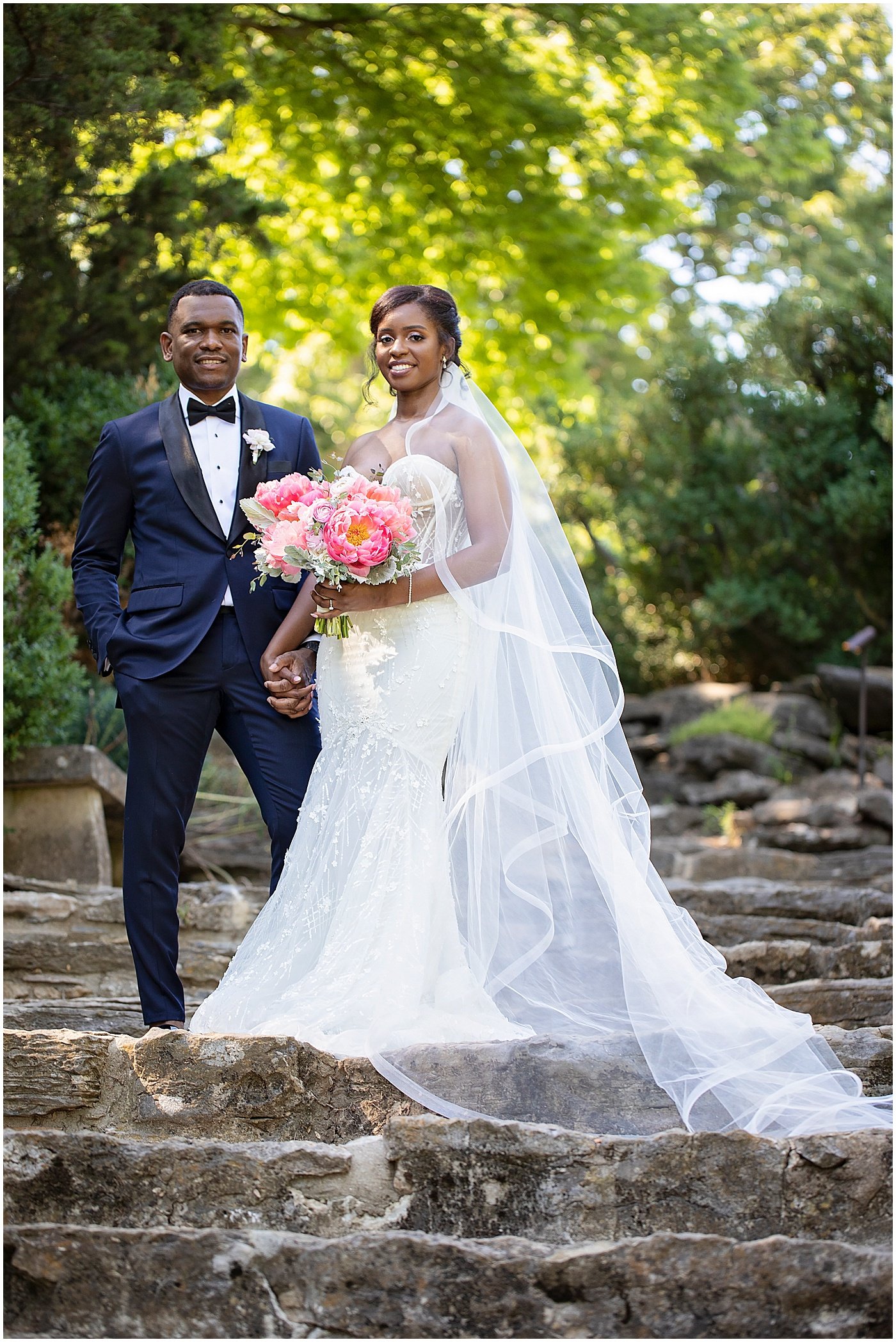 Bride and groom with peonies bouquet at Cheekwood Estate and Gardens Wedding