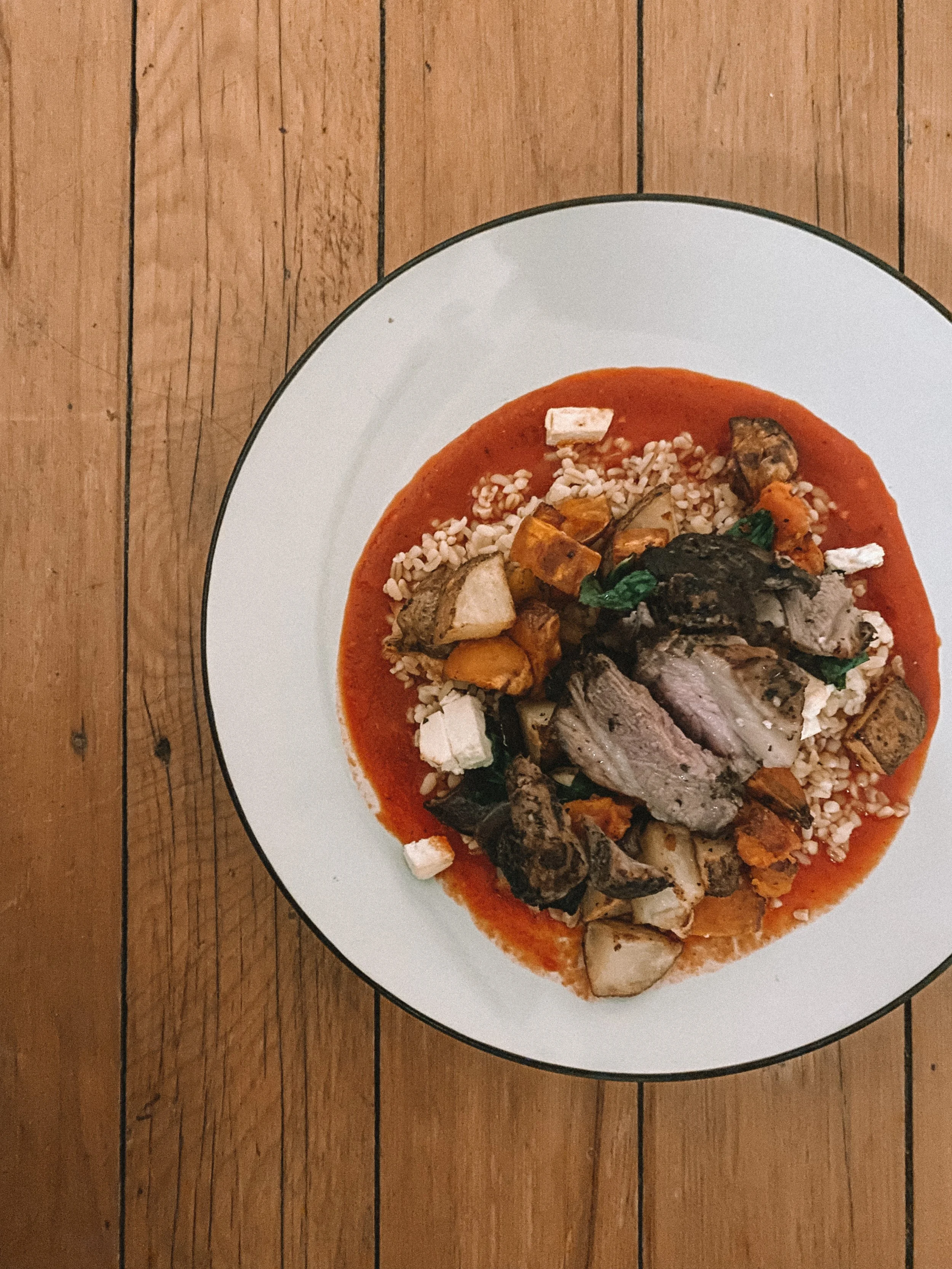 Iron boosting bulgur wheat, roast vege and lamb salad