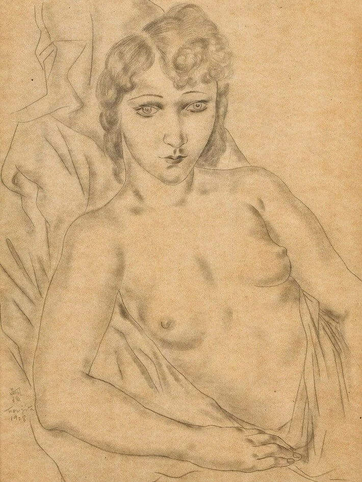 Delicate lines and milky-white backgrounds achieved through layering of lacquer mixtures, give the skin of Foujita&rsquo;s subjects an almost porcelain glow. 
Rather than aiming for realism, he constructed an idealized, spiritual femininity shaped by