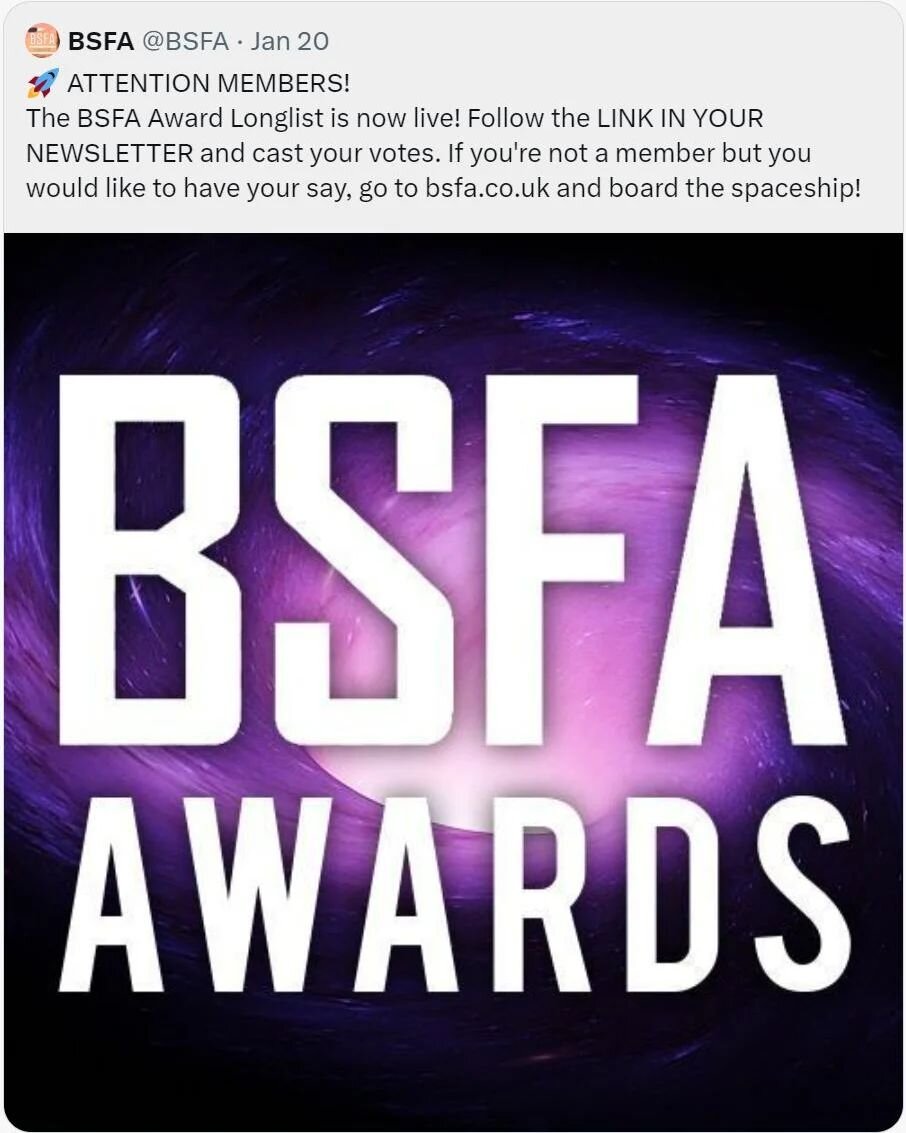 Delighted to see that #ONE has been longlisted for best novel in the British Science Fiction Association Awards alongside some stellar titles.

If you are a #bsfa member, you can vote for your favourites to make the shortlist on the bsfa.co.uk site!
