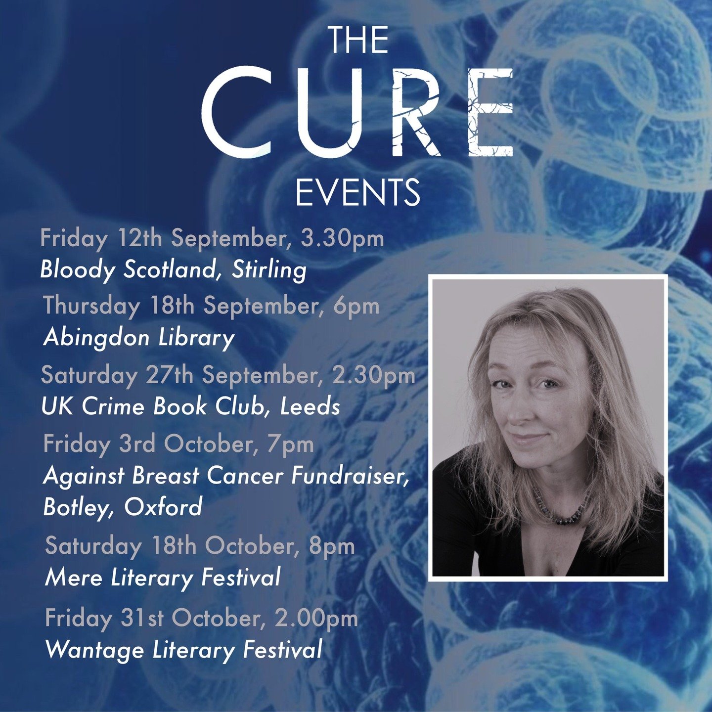 Autumn is going to be busy!
Really looking forward to these festivals and events with some excellent panels and interviewers.
Come and hear about the inspiration and shocking real life facts behind my latest speculative thriller, The Cure, and you