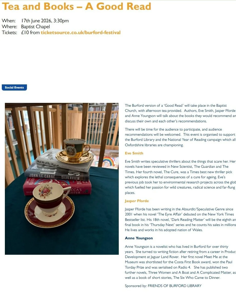 BURFORD FESTIVAL: A GOOD READ

Calling all Oxfordshire readers!
I am delighted to be taking part in A Good Read, a fundraising event for Burford Library and the National Year of Reading campaign, where I will be joining esteemed writers Anne Youngson