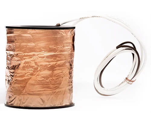 A roll of copper foil tape with a white wire connected to it.