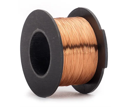 A spool of copper wire on a black plastic or metal reel.