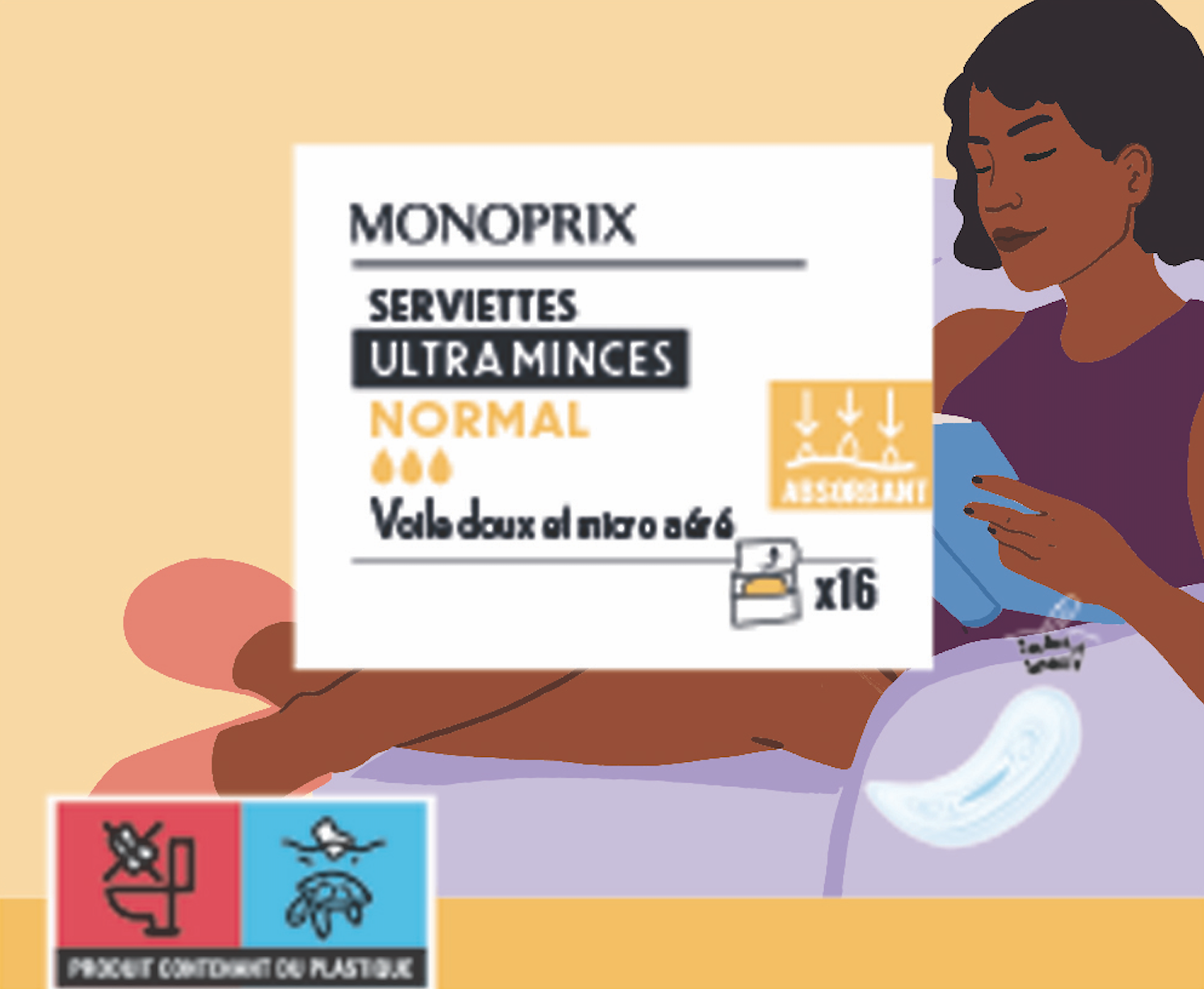 Femme assise sur une table en train de lire une boîte de serviettes hygiéniques Ultraminces avec un symbole d'approbation et une remarque sur la douceur et la sécurité du produit.