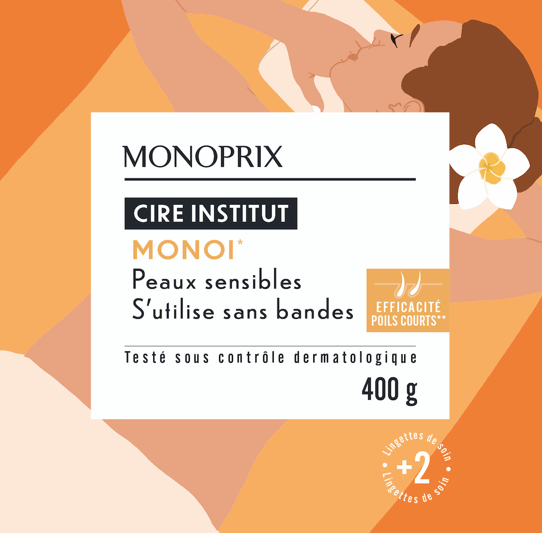 Étiquette de produit de cire pour peau sensible, sans bandes, de 400gème, avec une illustration d'une femme détendant sa peau, et un fleur blanche symbolisant la douceur ou soin