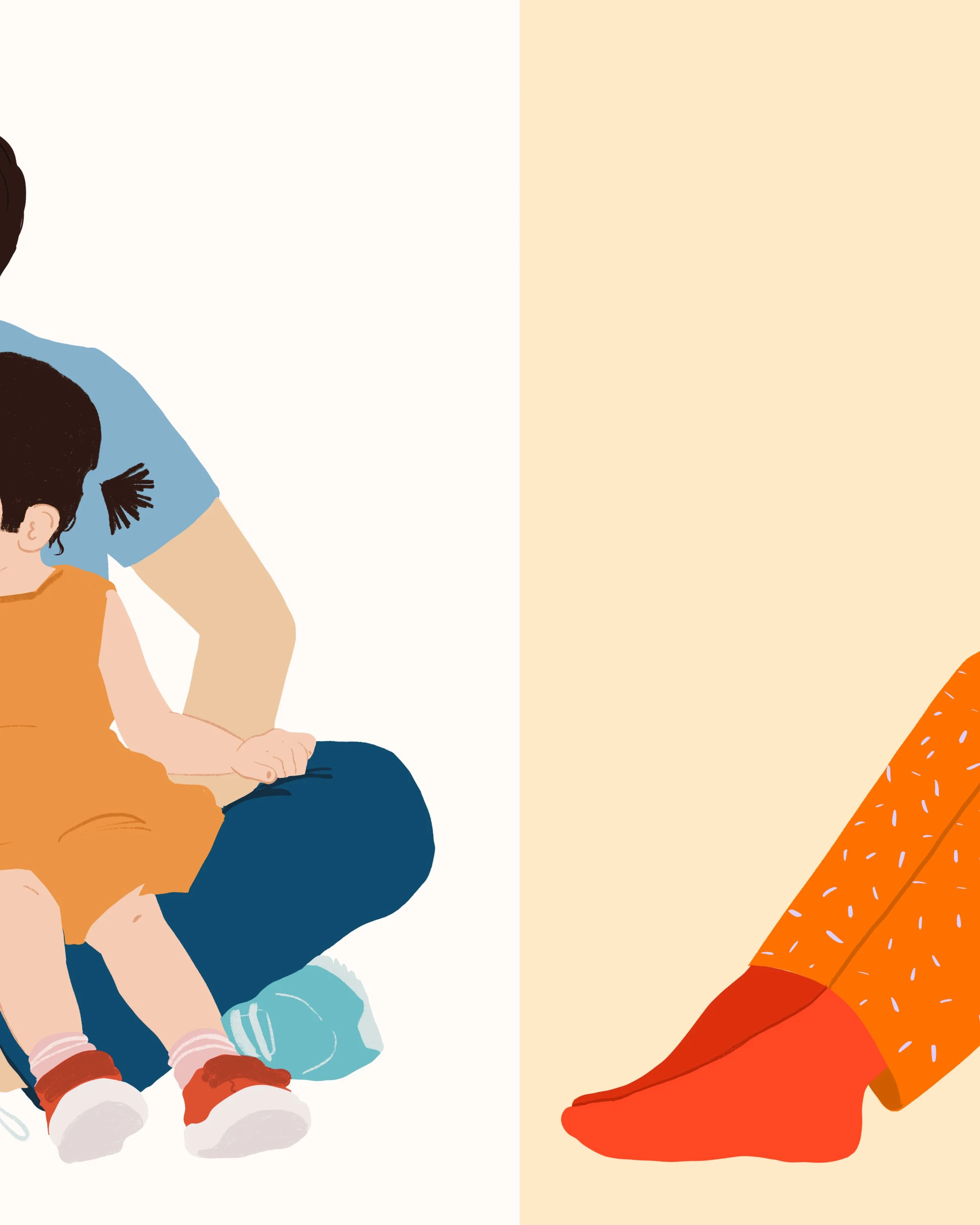 Illustration de deux adultes et deux enfants, un homme et une femme, assis par terre dans une pièce claire, dans un style minimaliste, avec une personne portant une robe orange, une autre un t-shirt bleu, et des enfants en vêtements colorés.