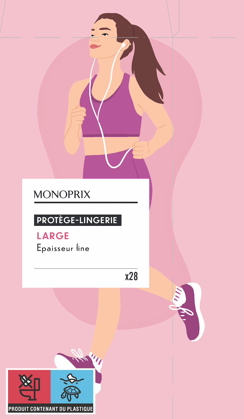 Une illustration d'une femme qui court, portant des écouteurs et habillée en sport, avec un emballage de sous-vêtements MONOPRIX, protections-lingerie de taille large, fine épaisseur, contenant 28 pièces.