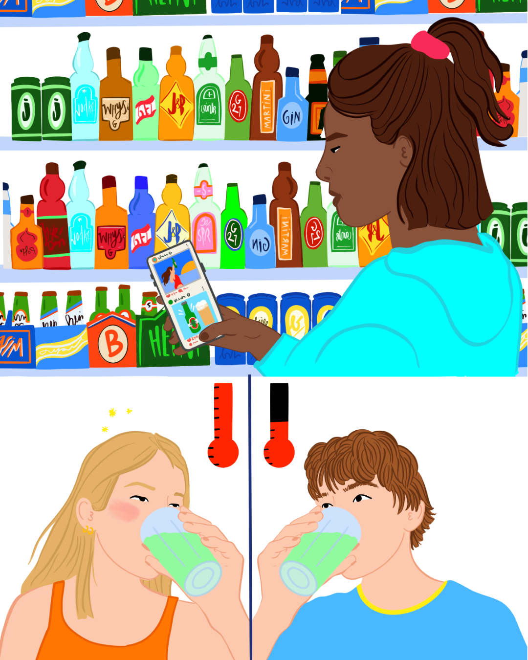 Trois jeunes personnes dans un supermarché, deux d'entre elles boivent une boisson vert-fluo, une autre personne regarde son téléphone tout en étant dans la rayonnage.