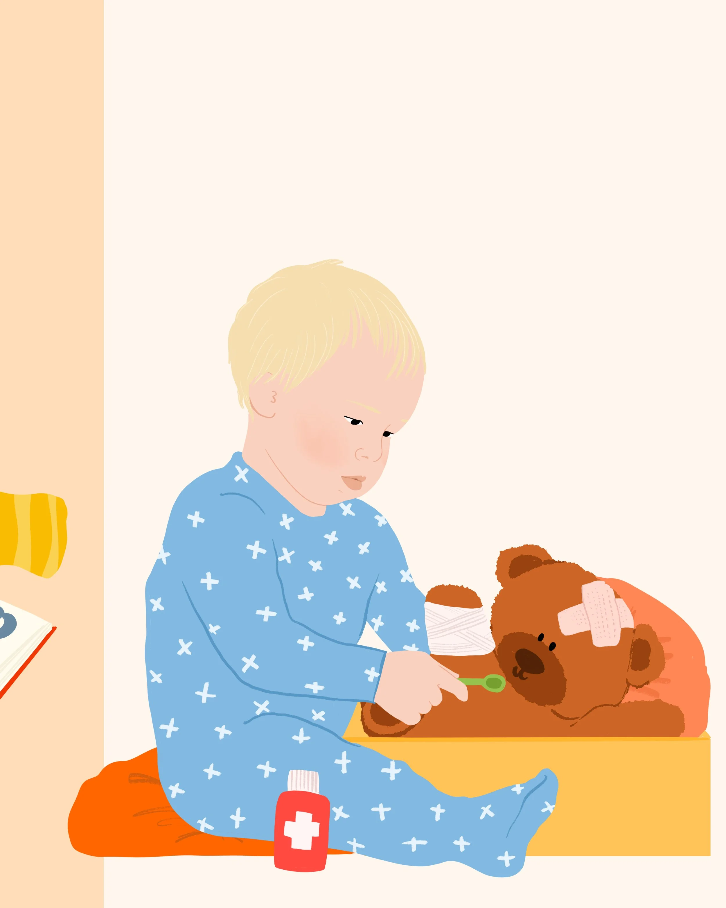 Une illustration d'un enfant aux cheveux blonds portant un pyjama bleu avec des croix blanches, en train de prendre soin d'un ours en peluche brun avec une écharpe beige, en utilisant une cuillère dans une boîte en bois.