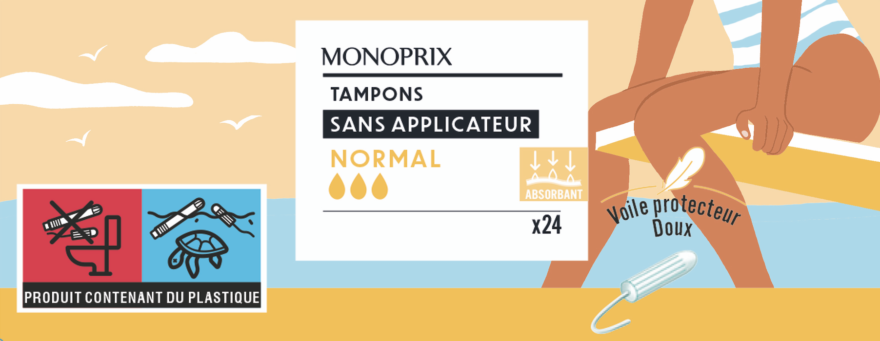 Étiquette de protection hygiénique contenant 24 tampons sans applicateur, de niveau normal, absorbant, avec une étoile jaune indiquant qu'ils sont absorbants, et un protecteur doux. Illustration d'une femme en maillot de bain sur la plage avec un cie