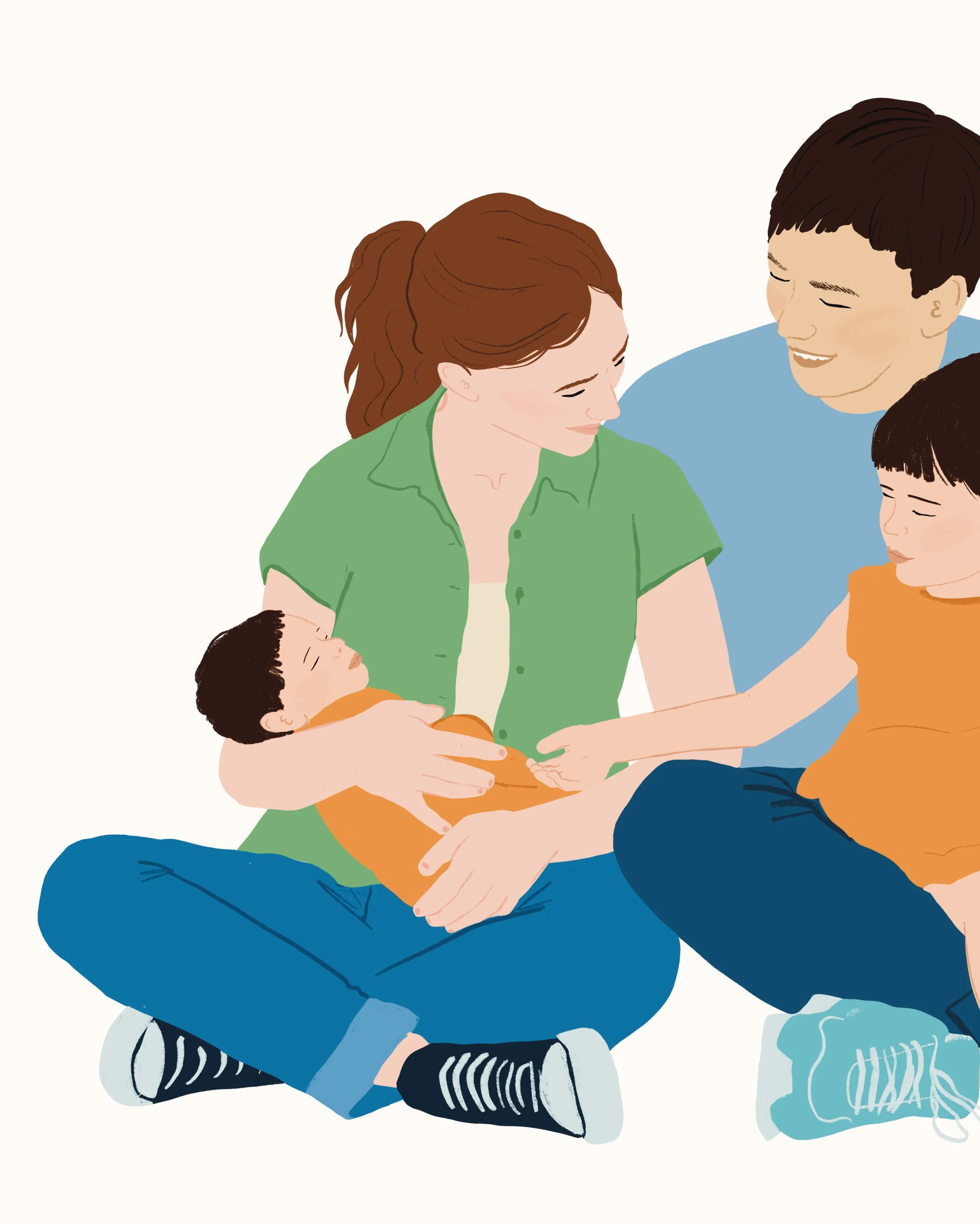 Une famille assise par terre, avec un adulte accompagnant deux enfants. L'atmosphère est chaleureuse et intime, évoquant un moment de partage et de complicité.