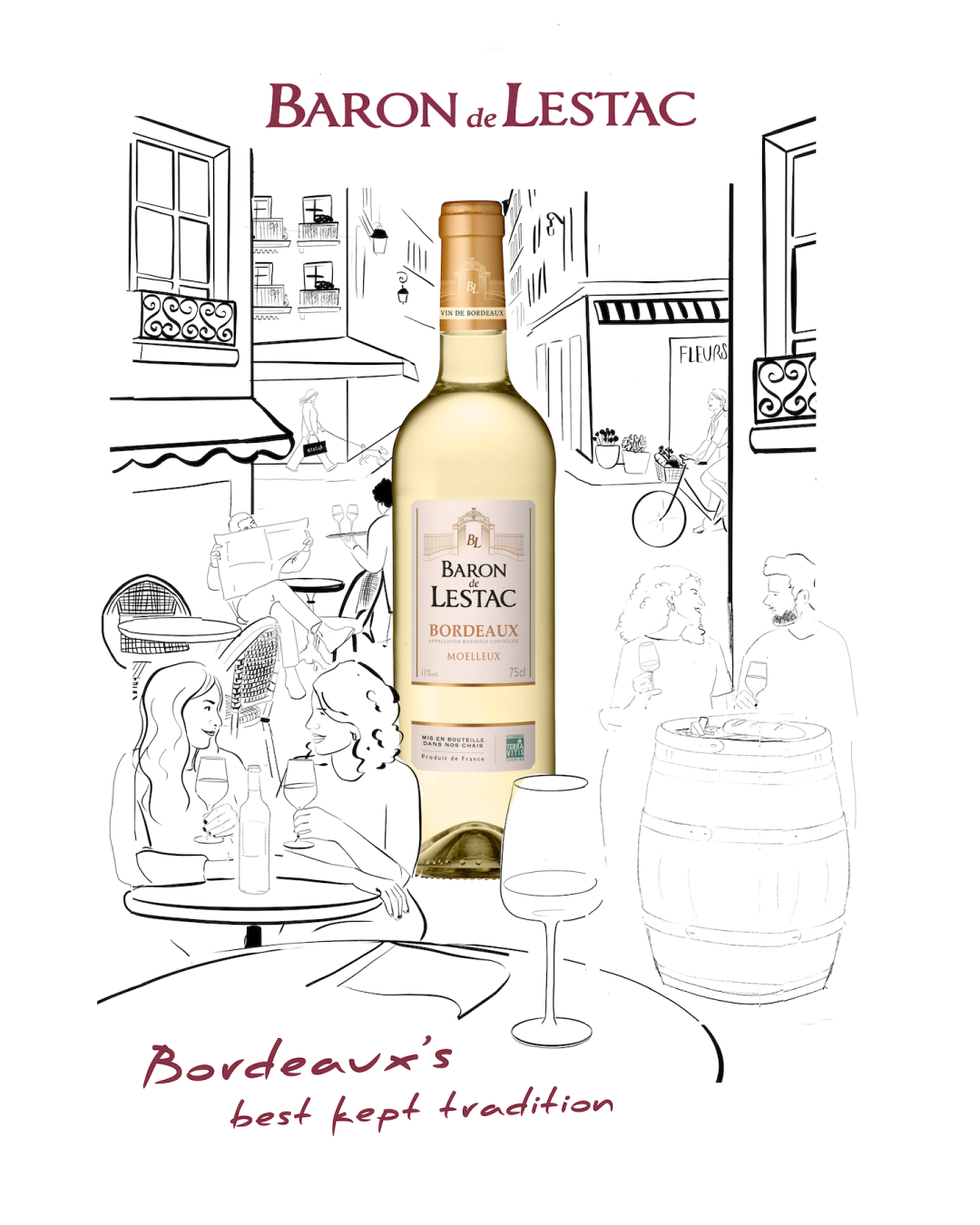 Illustration de fond d'une ville française avec des cafés et des personnes buvant du vin, avec une bouteille de vin blanc Baron de Lestac Bordeaux au premier plan.