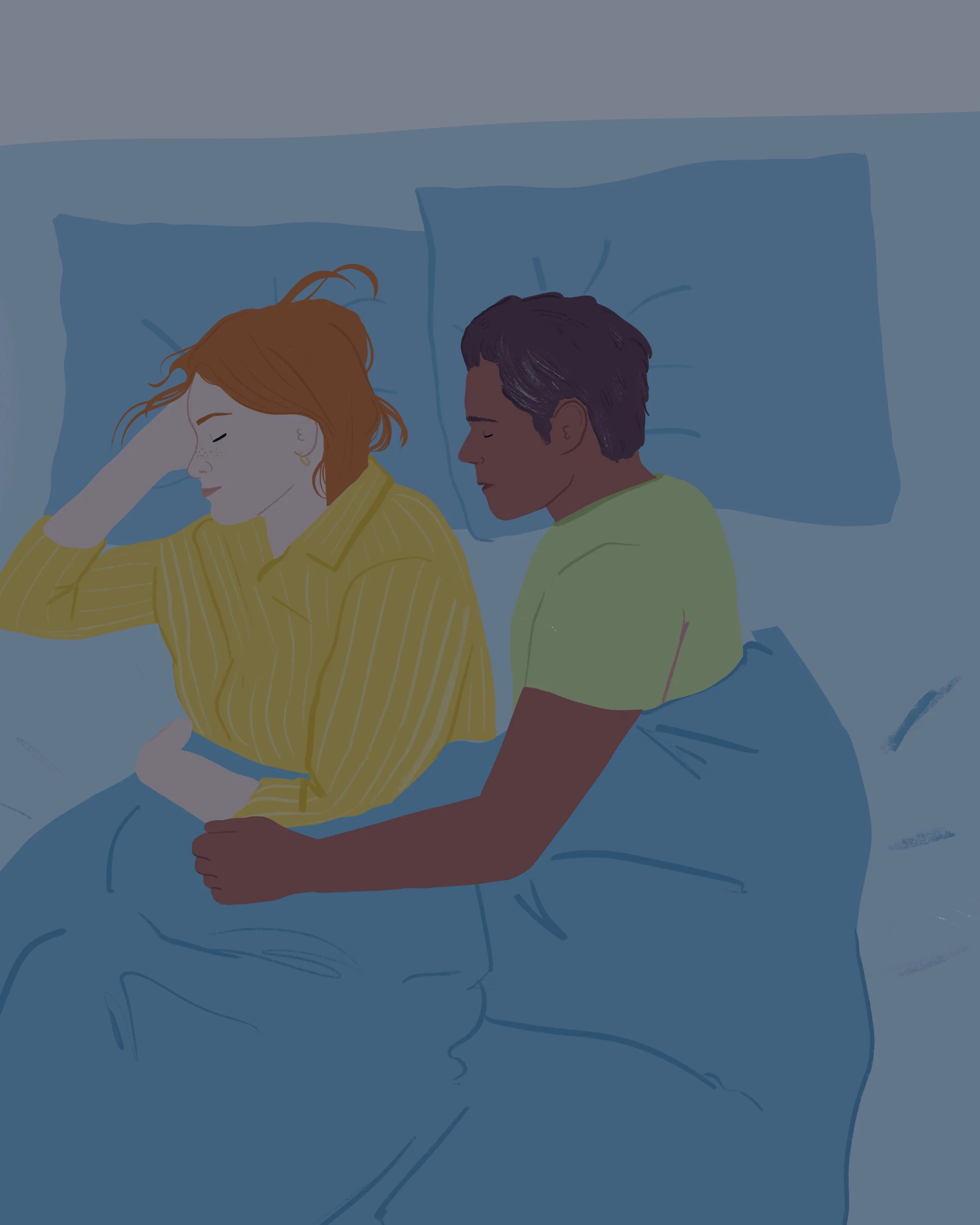 Deux personnes dorment dans un lit, une femme avec des cheveux roux et un homme avec des cheveux noirs, tous deux recevant un ampla.