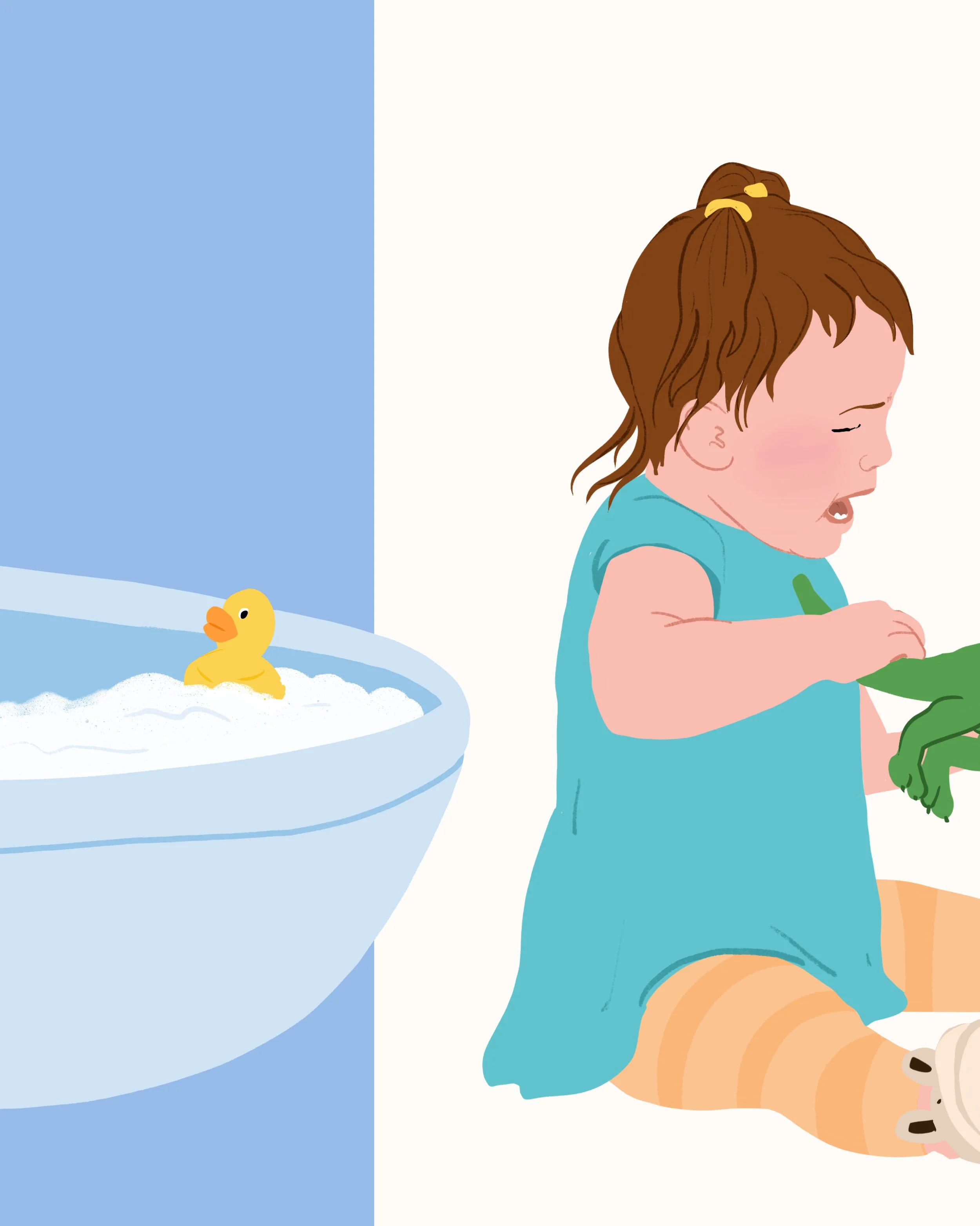 Une illustration d'une jeune fille avec les cheveux bruns attachés en queue de cheval avec un ruban jaune, portant un t-shirt bleu et un short beige, assise en train de lire un livre. À gauche, une baignoire avec un canard en plastique jaune flottant