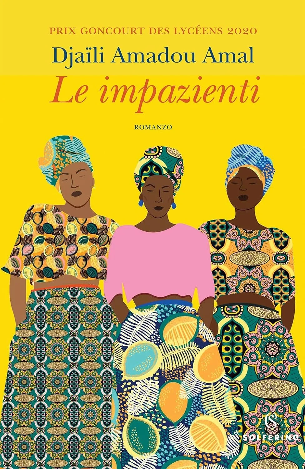 Couverture du livre 'Le impatienti' de Djaïli Amadou Amal avec illustration de femmes en vêtements colorés traditionnels.