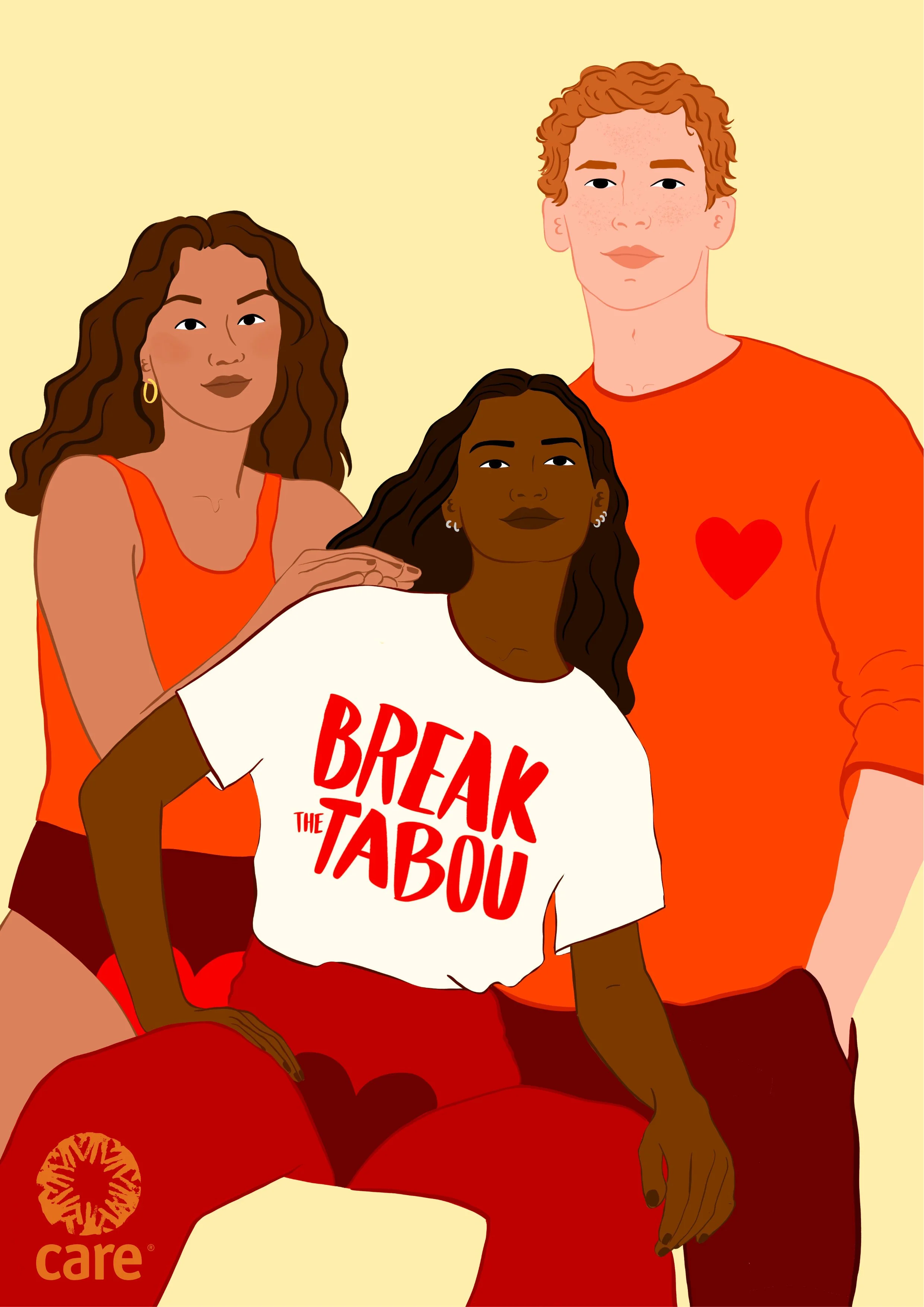 Illustration de trois personnes, deux femmes et un homme, portant des vêtements rouges, avec un fond beige. La femme au centre porte un t-shirt blanc avec le texte 'BREAK THE TABOO'.