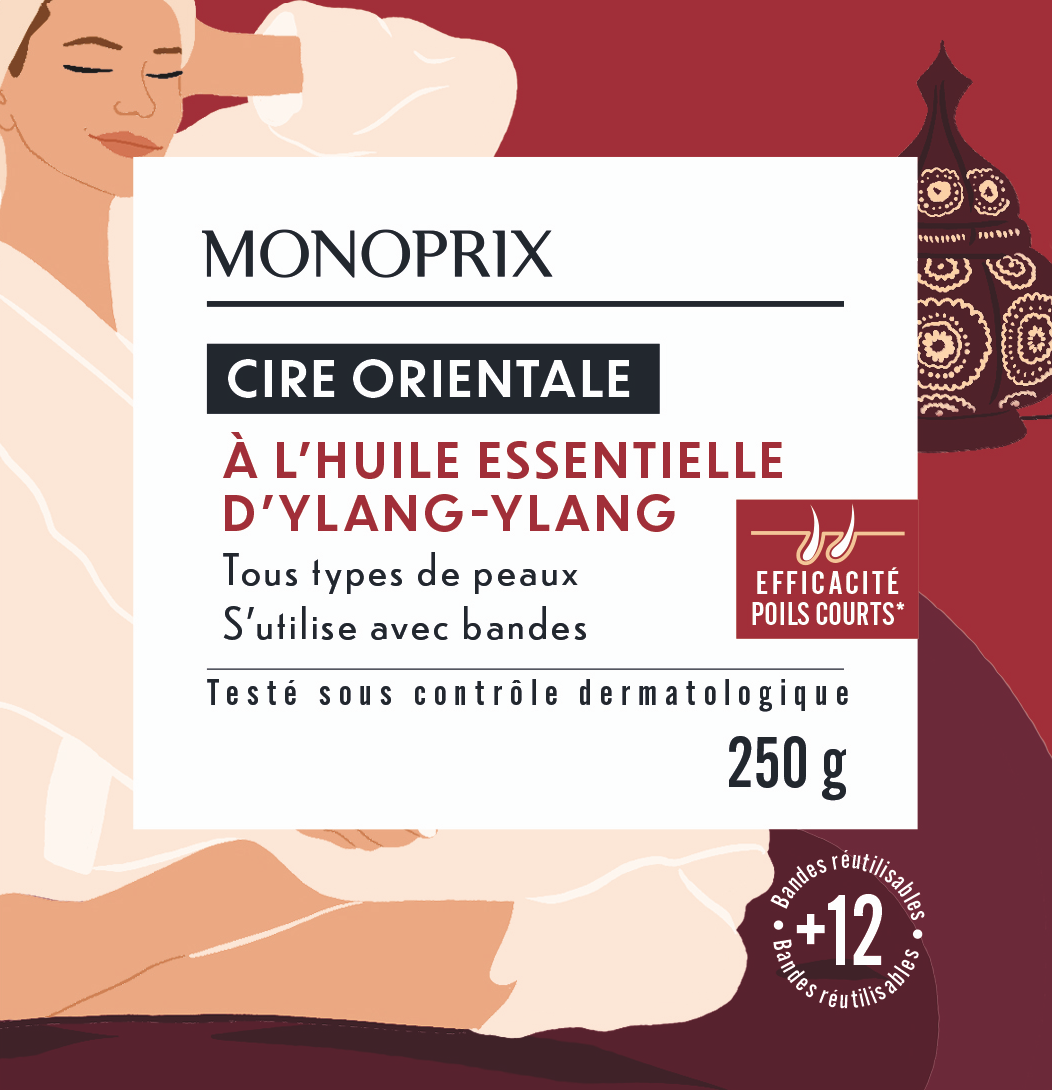 Emballage de cire orientale à l'huile essentielle d'Ylang-Ylang, destiné à tous types de peau, utilisé avec des bandes, testé dermatologiquement, 250 g, indique +12 bandes réutilisables.