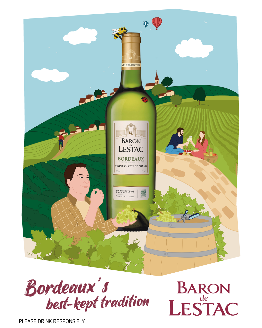 Une bouteille de vin blanc de Bordeaux, intitulée "Baron de Lestac" trônant au centre d'un paysage viticole avec des collines, des vignobles et des personnes dégustant du vin dans un champ. L'image évoque la tradition viticole de Bordeaux.