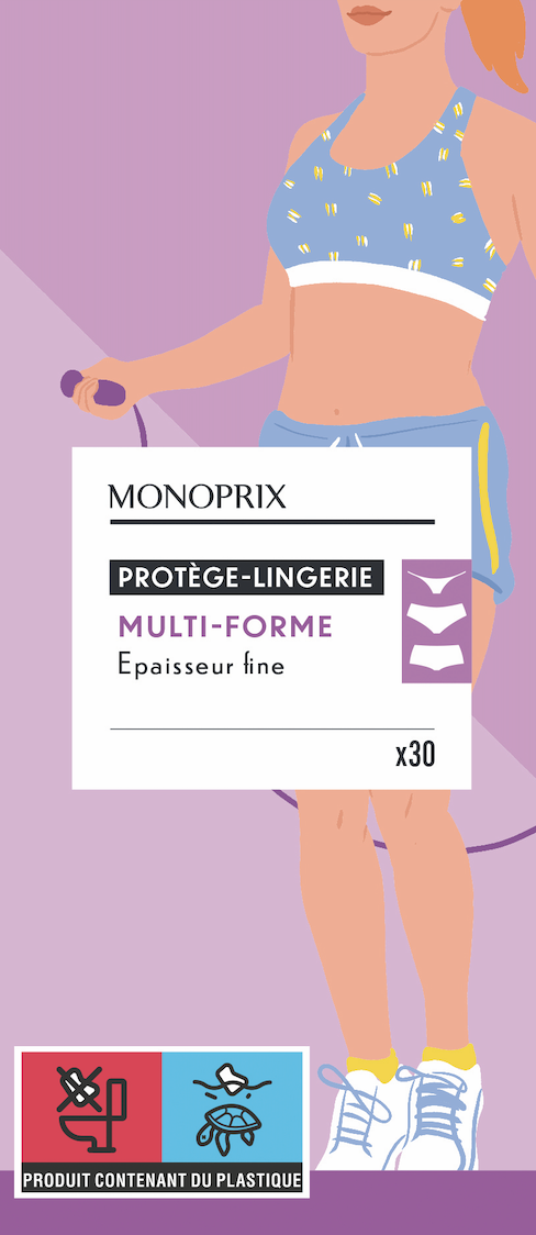 Illustration d'une femme en tenue de sport avec un t-shirt à motifs, shorts et chaussures de sport, tenant un câble électrique, avec un emballage de sous-vêtements de la marque Monoprix indiquant qu'ils sont multi-formes et fins, contenant 30 pièces,
