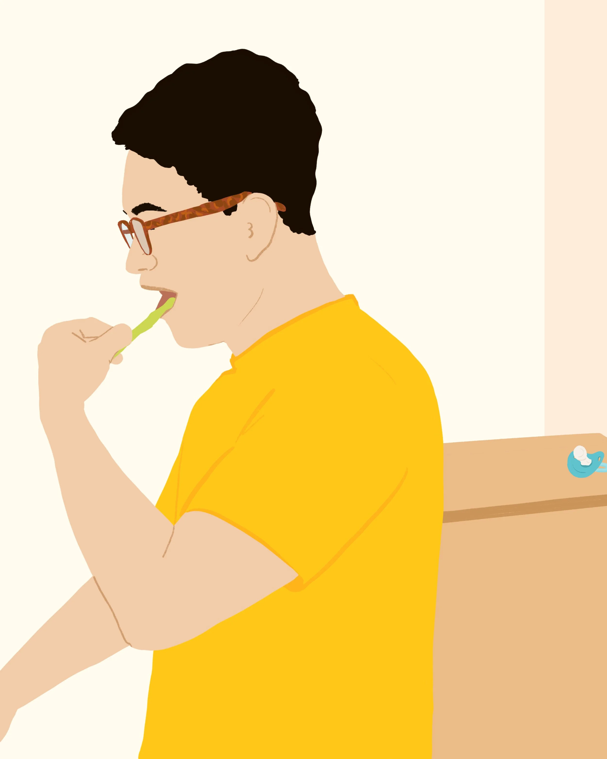 Illustration d'une personne portant des lunettes à monture tachetée, coiffée de cheveux courts noirs, en train de se brosser les dents, vêtue d'un t-shirt jaune, avec une expression de bonheur