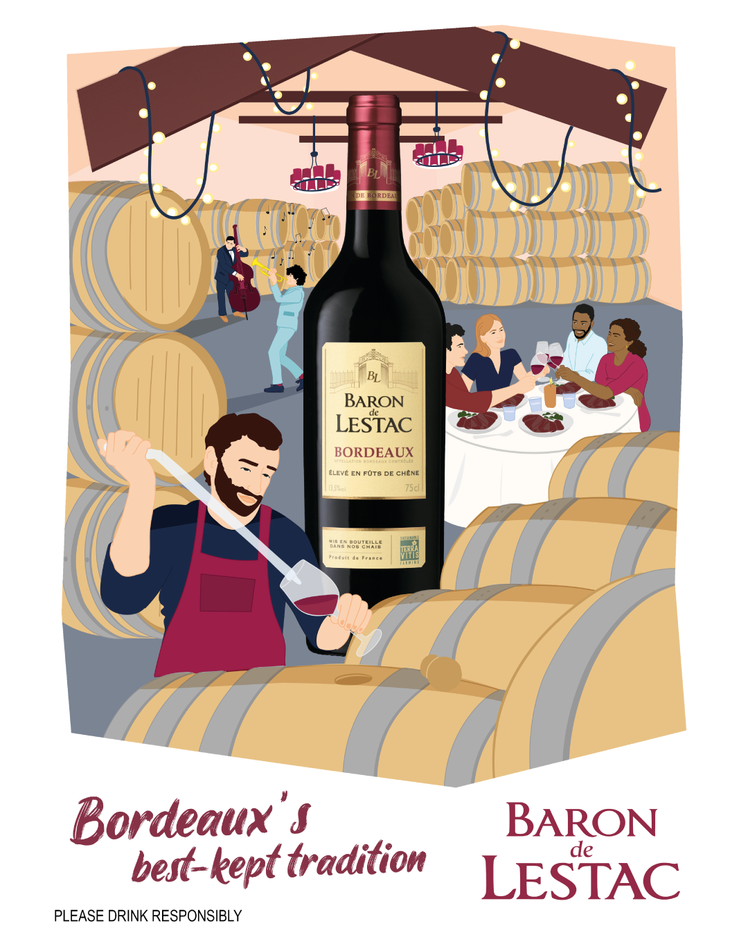 Une illustration d'une cave à vin avec des tonneaux en bois, des personnes dégustant du vin, un groupe de musiciens jouant, et une grande bouteille de vin de Bordeaux de la marque Baron de Lestac au centre.