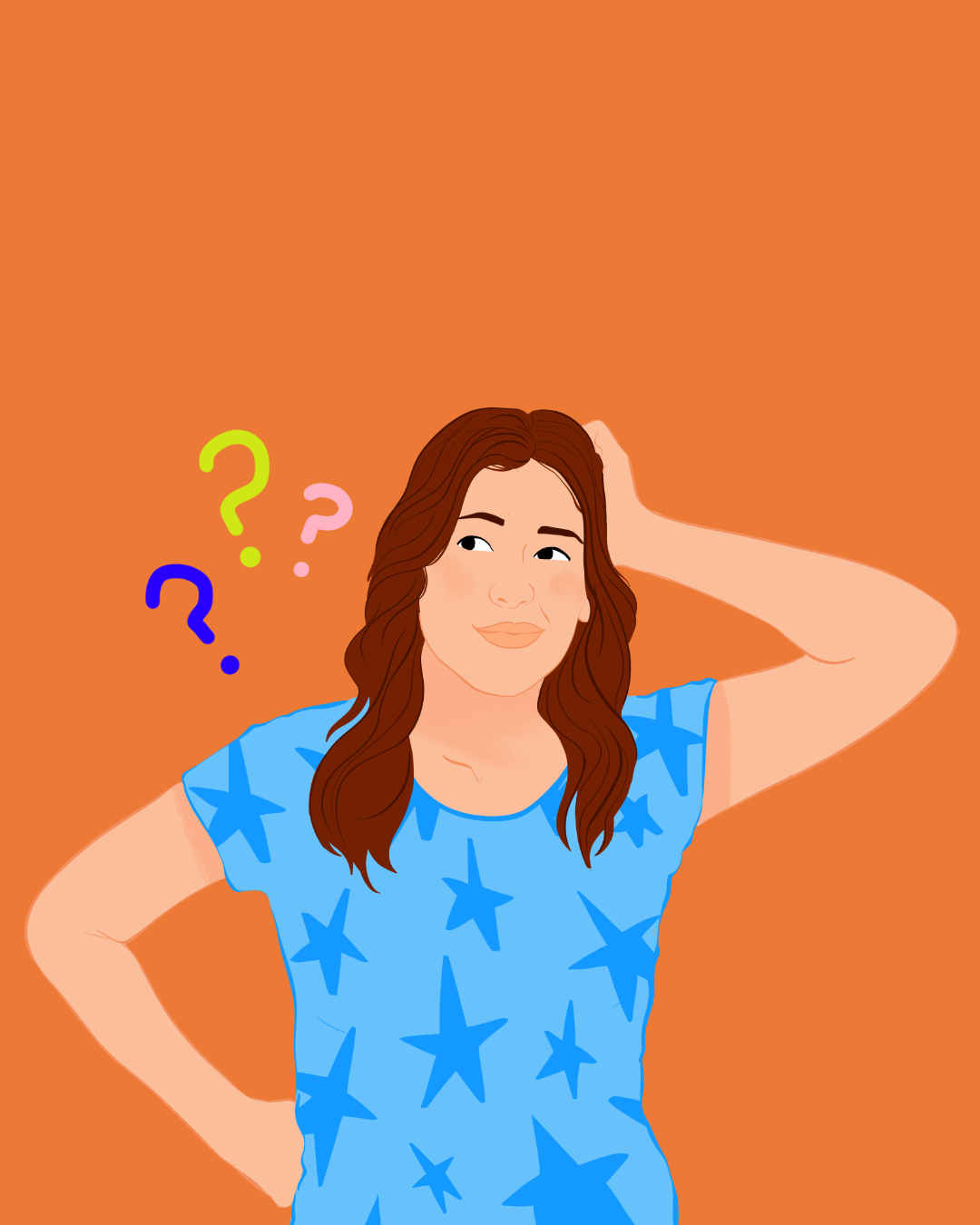 Une femme avec des cheveux bruns, portant un t-shirt bleu avec des étoiles, semble réfléchir ou être confuse, avec des points d'interrogation colorés autour de sa tête.