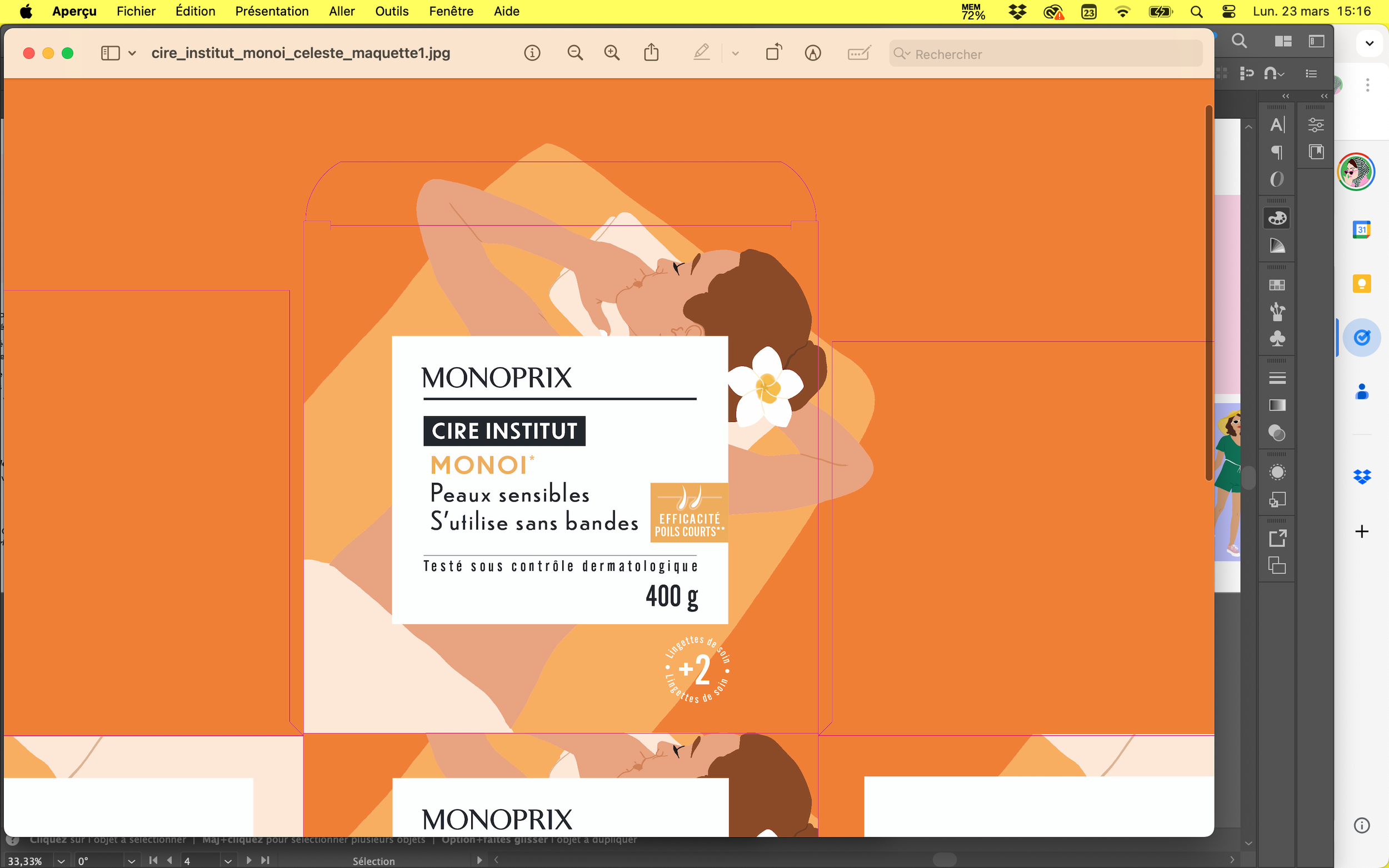 Une boîte de crème Monoprix pour peaux sensibles, illustrée avec une femme relaxée en position de yoga avec des fleurs, fond orange.