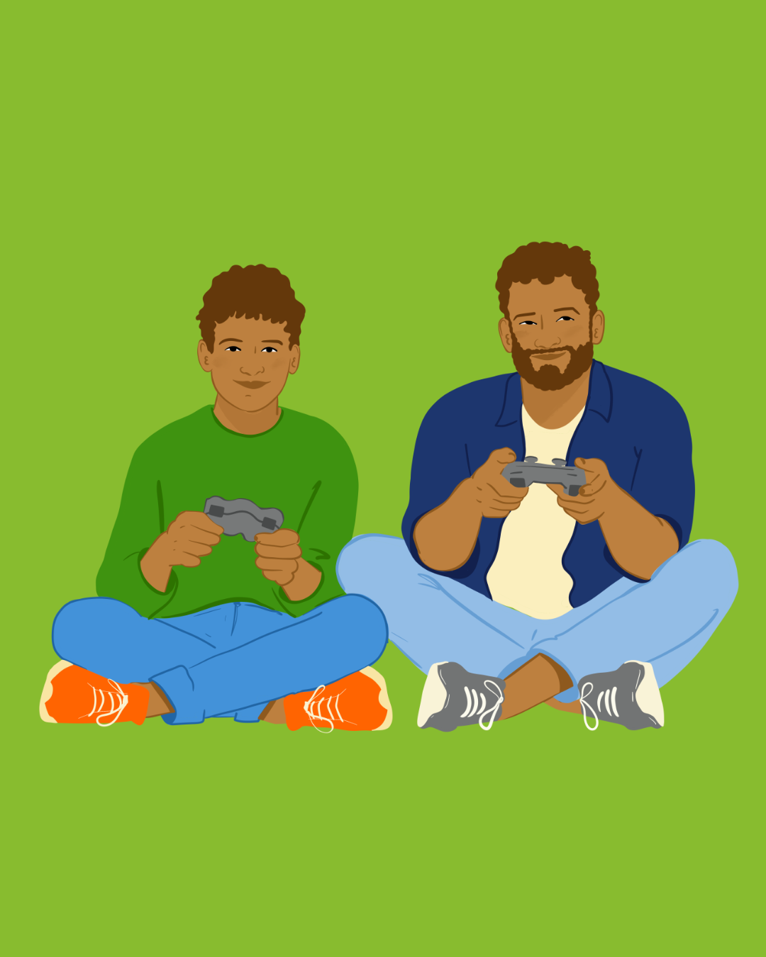 Un adolescent et un adulte jouant à des jeux vidéo assis par terre, avec un fond vert.