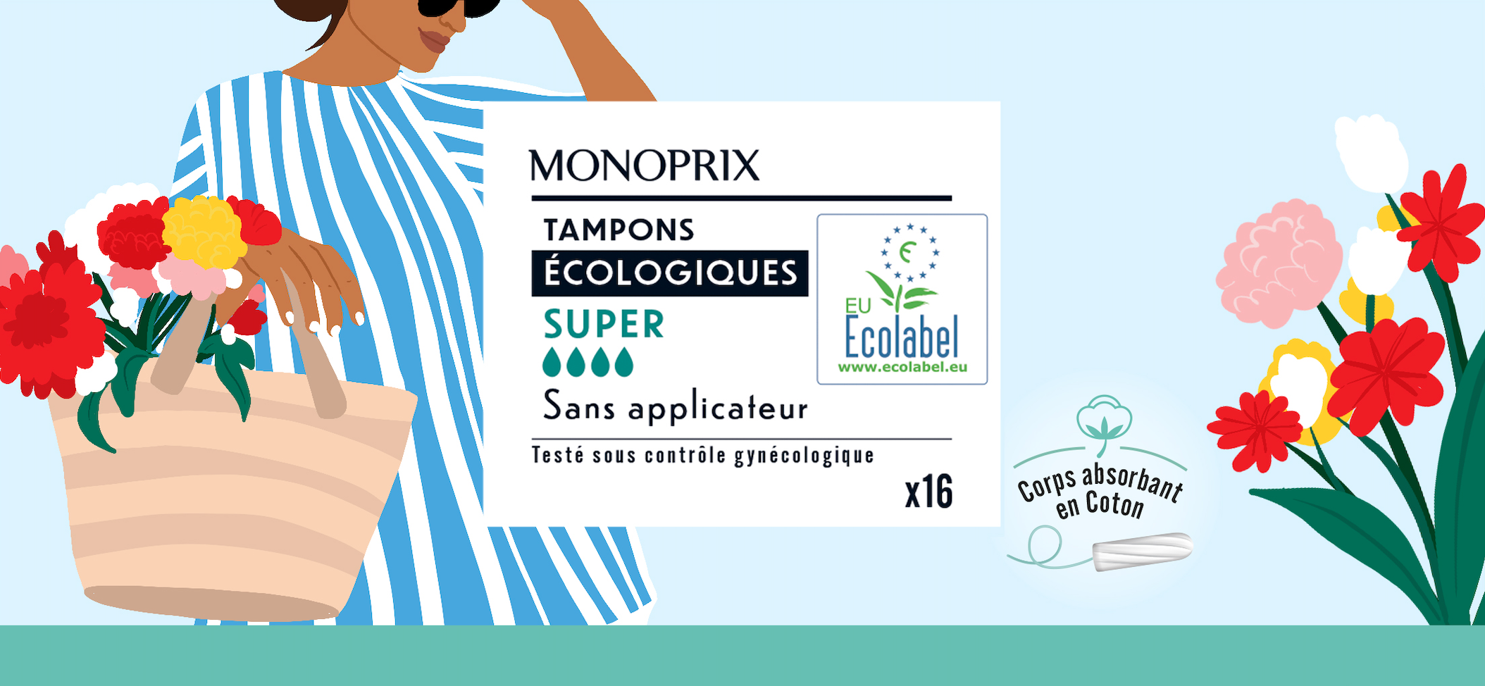 L'emballage de tampons écologiques Monoprix avec une illustration d'une femme portant un vêtement à rayures bleues et blanches, et des fleurs colorées autour, sur fond clair.
