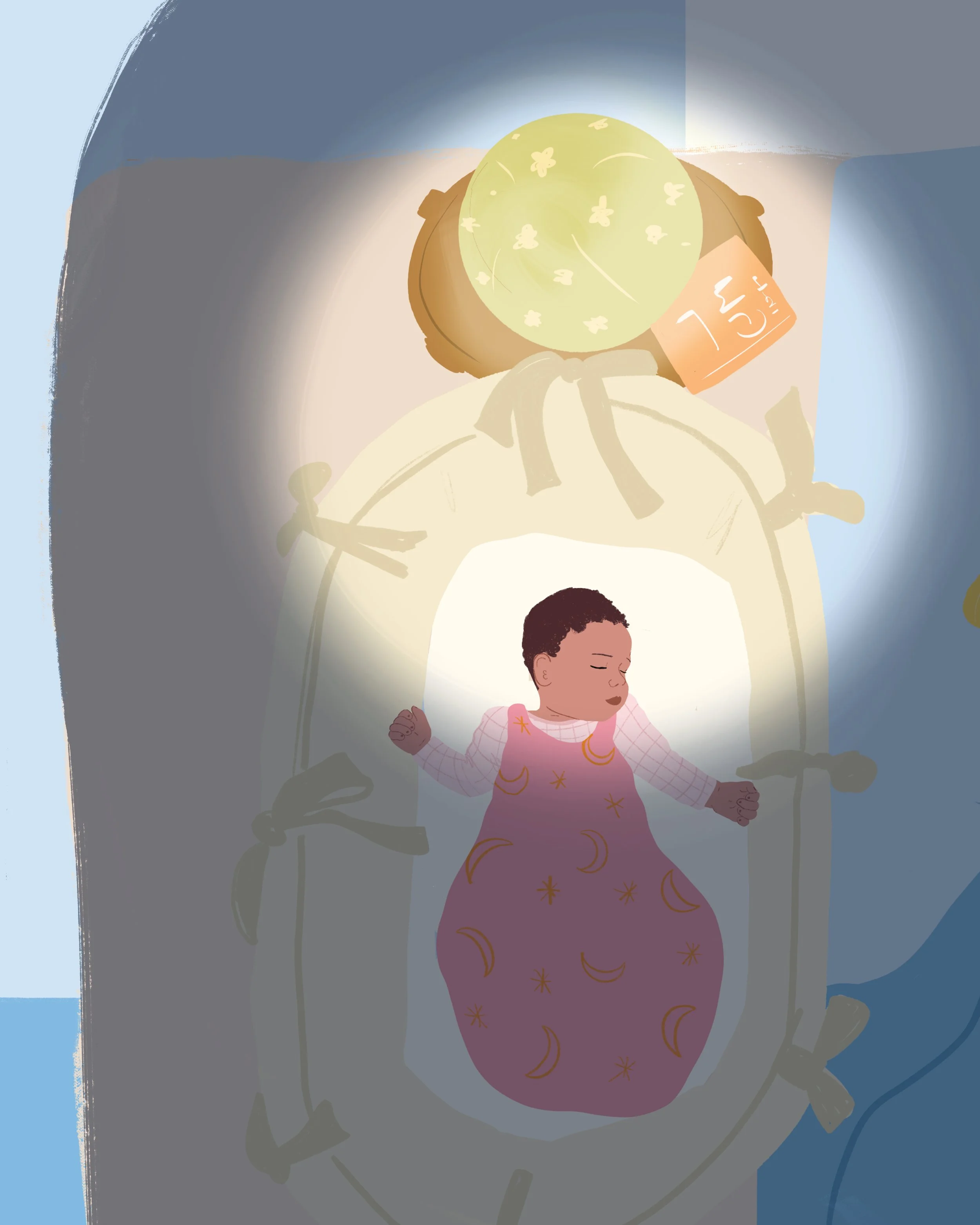 Une illustration représentant un enfant endormi sous une veilleuse en forme de lune, dans une pièce apaisante avec des couleurs douces.
