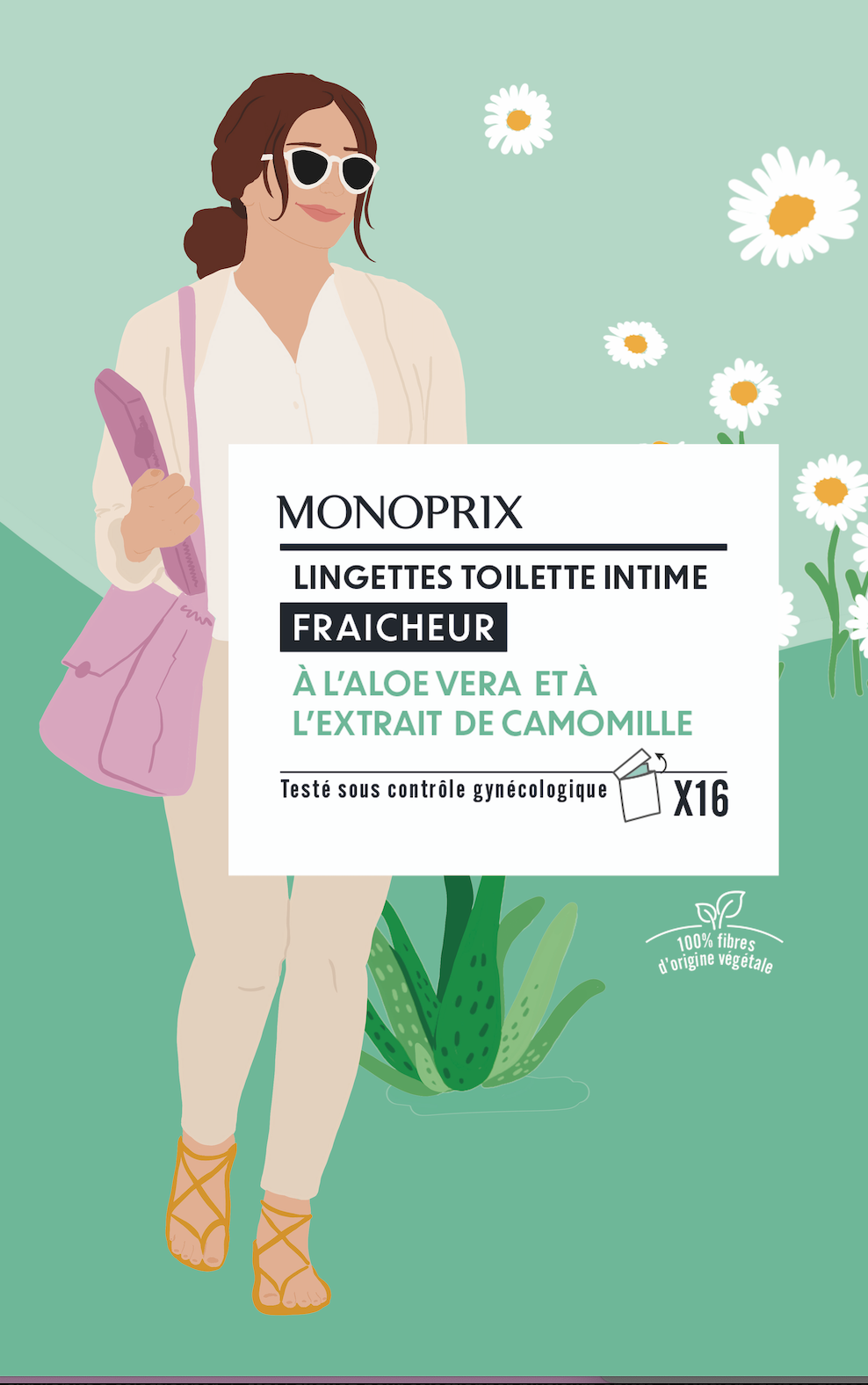 Un adulte féminin portant des lunettes de soleil, tenant un sac violet, représentant une advertisement pour des lingettes intimes à base d'aloé vera et extraits de camomille, avec des fleurs de marguerite en arrière-plan.