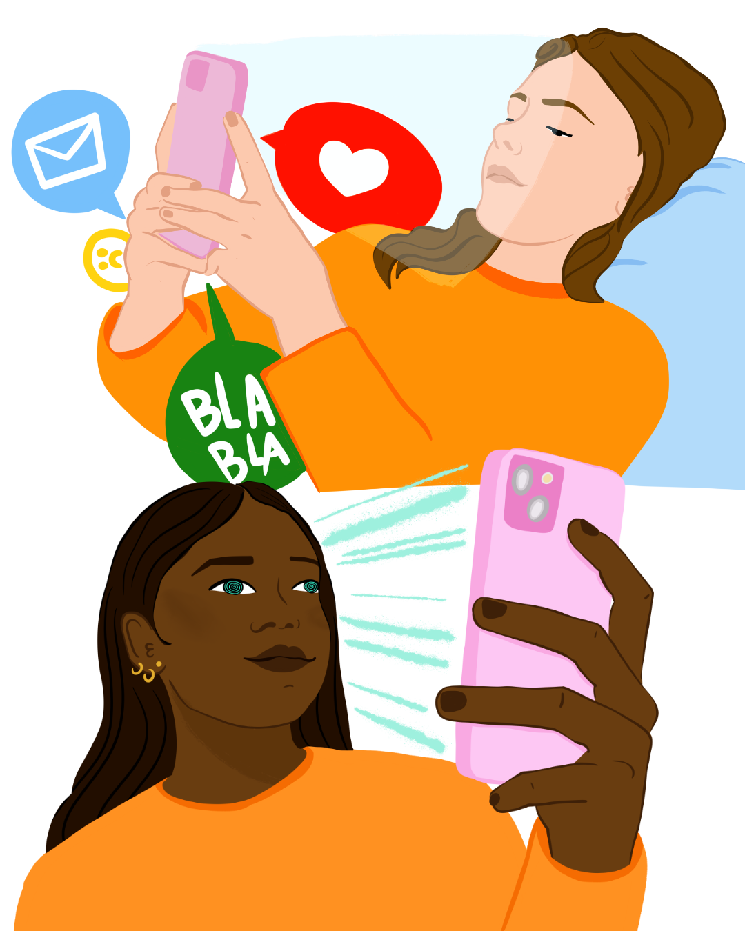 Deux femmes prennent un selfie, l'une blonde et l'autre à la peau foncée, toutes deux portant des vêtements orange. La femme à la peau foncée porte des boucles d'oreilles dorées et regarde la caméra avec un sourire. La blonde tient un téléphone rose 