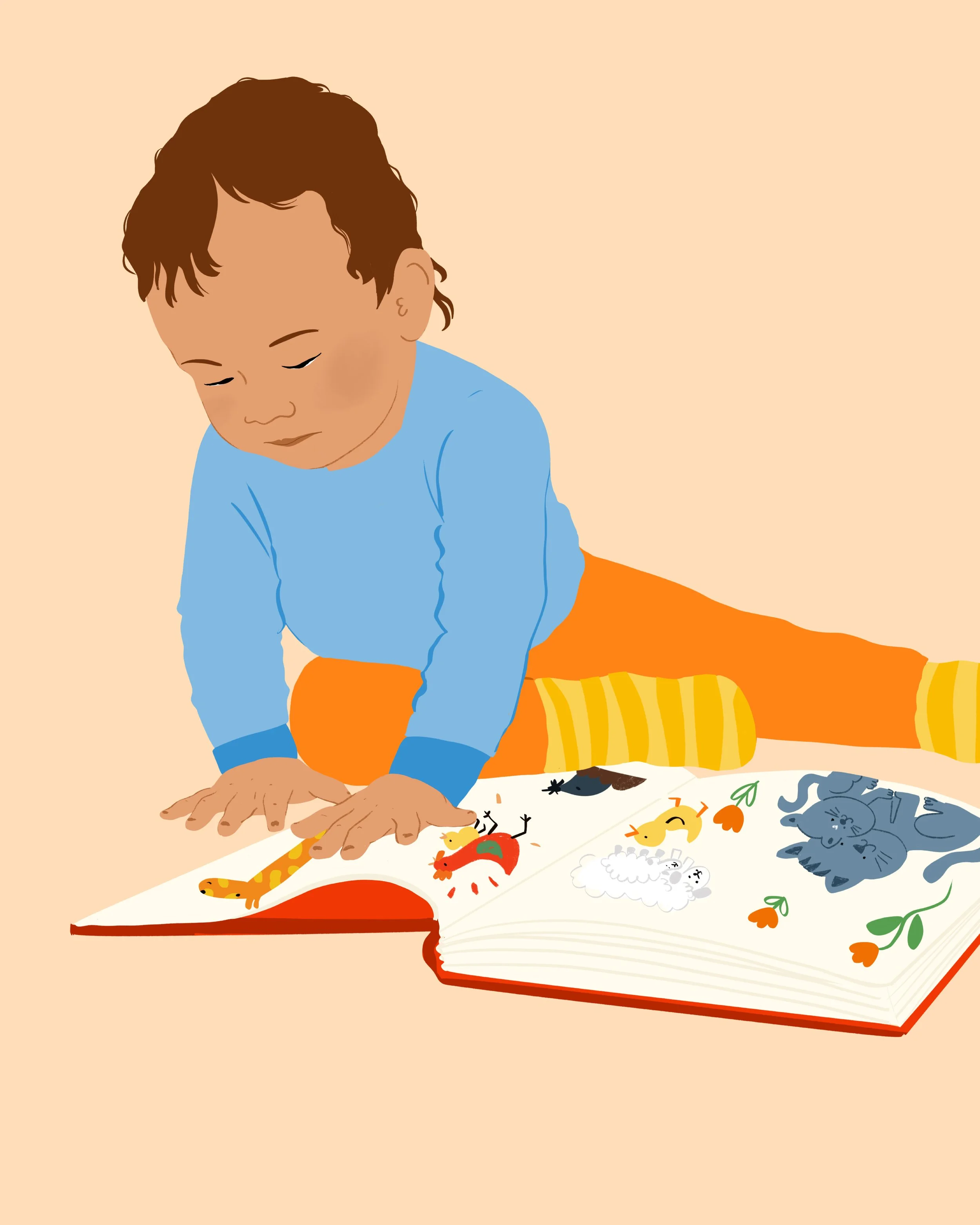 Un enfant regarde un livre illustré ouvert, avec des illustrations de divers animaux colorés sur ses pages.